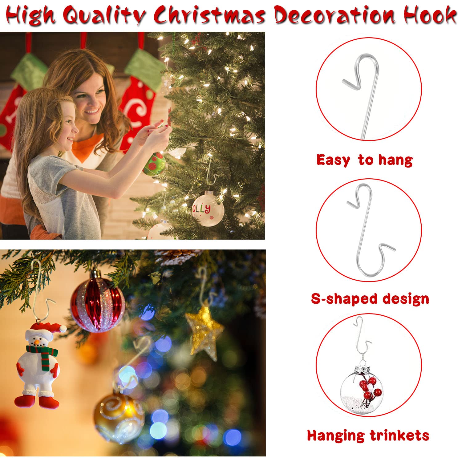 Christmas Ornament Hangers 20-100pcs S-Shaped Metal Hook Xmas Tree Hooks  Durable Hanger Tree Ornament Hooks, image size:1500x1500