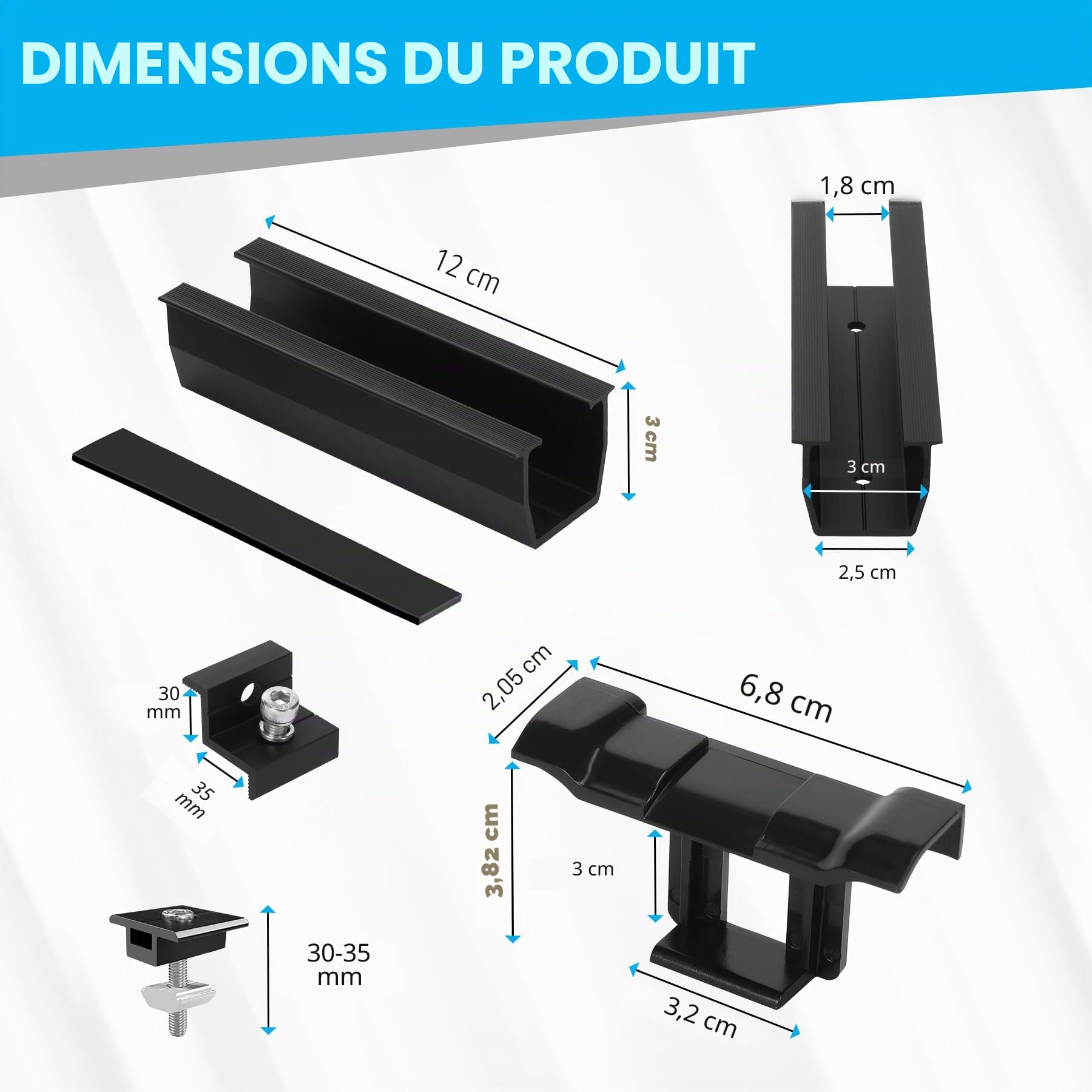 Kit de Montage PV pour 4 Module,Support de Panneau Solaire, Rail Noir de 12 CM,Clips de Drainage d'eau 30 MM, Pince Réglable pour Modules de 30 à 35 mm d'épaisseur- Pour toit plat,trapézoïdal
