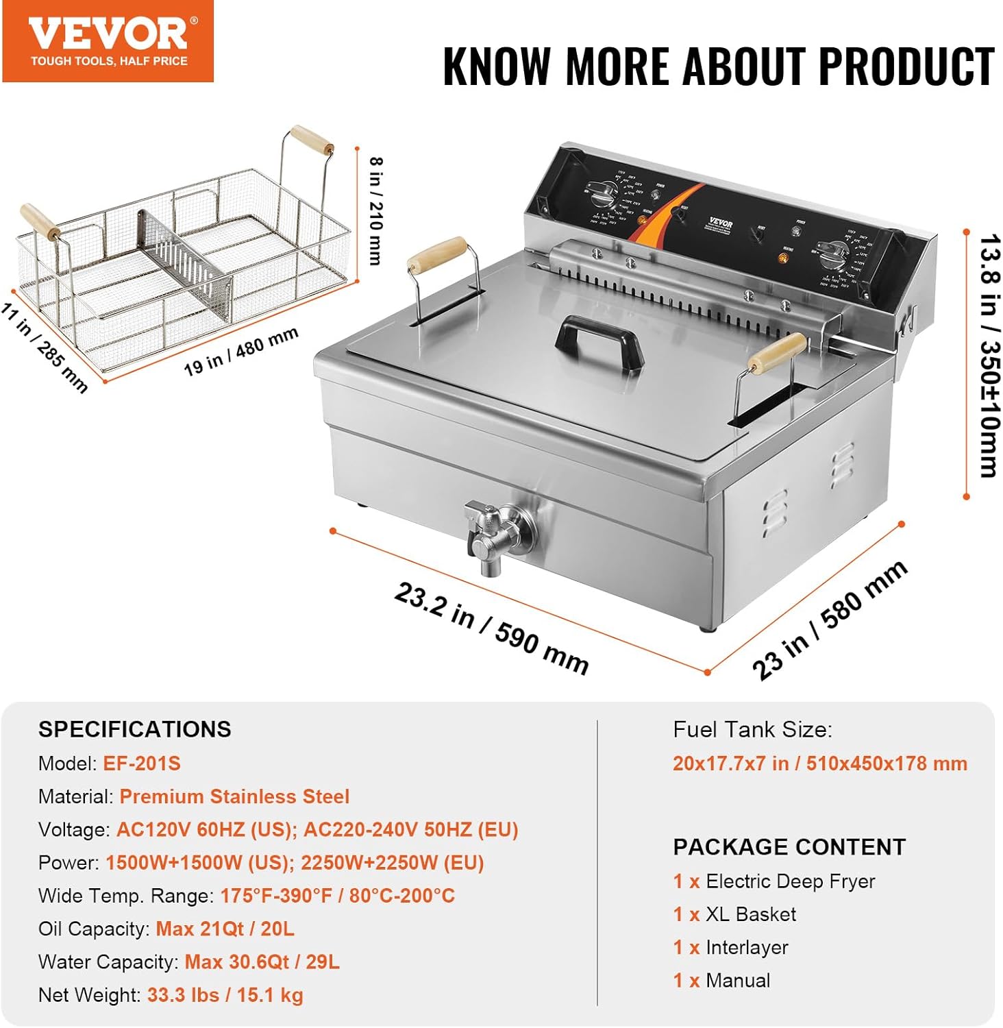 VEVOR Commercial Deep Fryer, 3000W Electric Turkey Fryer with Basket, Large Capacity 30.6Qt / 29L Countertop Single Oil Fryer, Stainless Steel, Temp Control, for Kitchen Restaurant Use, Silver