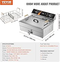 Vista 7 de VEVOR Freidora comercial, freidora eléctrica de pavo de 3000 W con canasta, gran capacidad de 30.6 cuartos de galón / 29 L, freidora de aceite