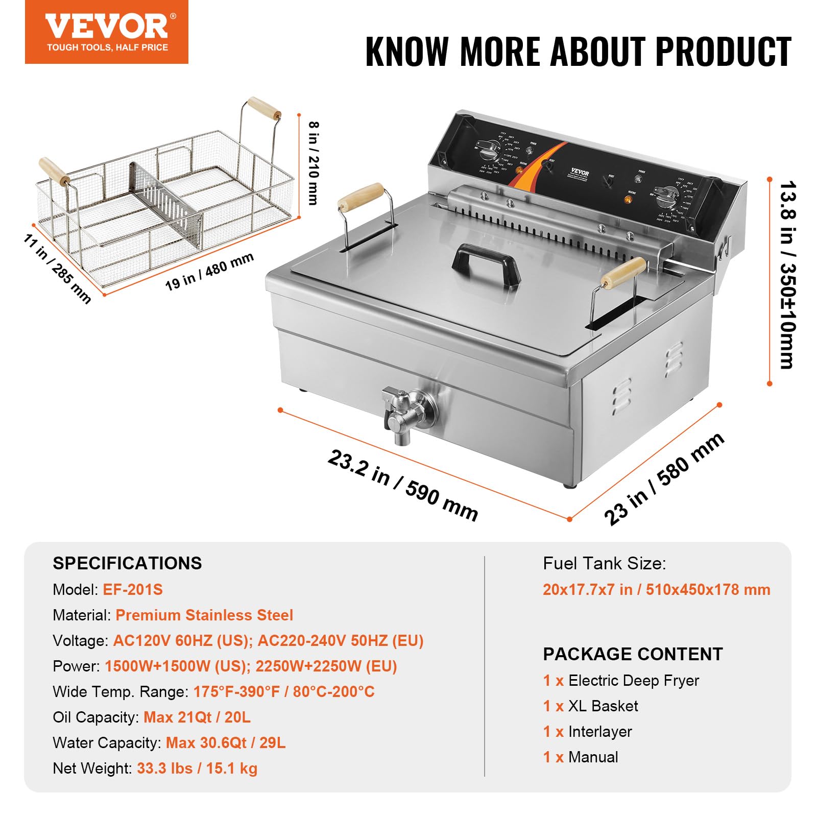 VEVOR Friteuse commerciale 2250 W, friteuses à bain d'huile électrique avec panier, en acier inoxydable, grande capacité 20 L pour cuisine, restaurant, café, température réglable 80-200 °C, argenté
