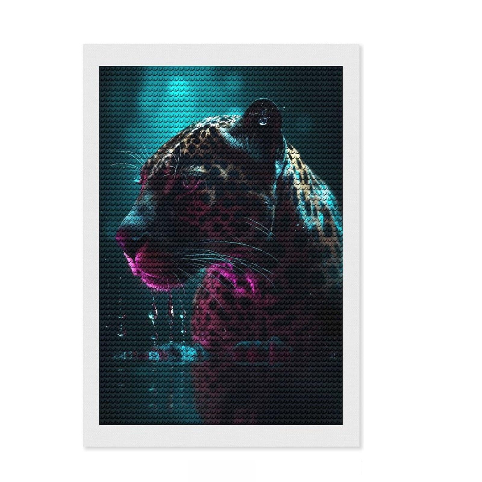 Junmoney Leopard Jaguar Neon Art Round Drill Diamond Painting 8"x12", for Teens, Good for Quiet Evenings, Aesthetic Room Decor, Holiday Gift Idea