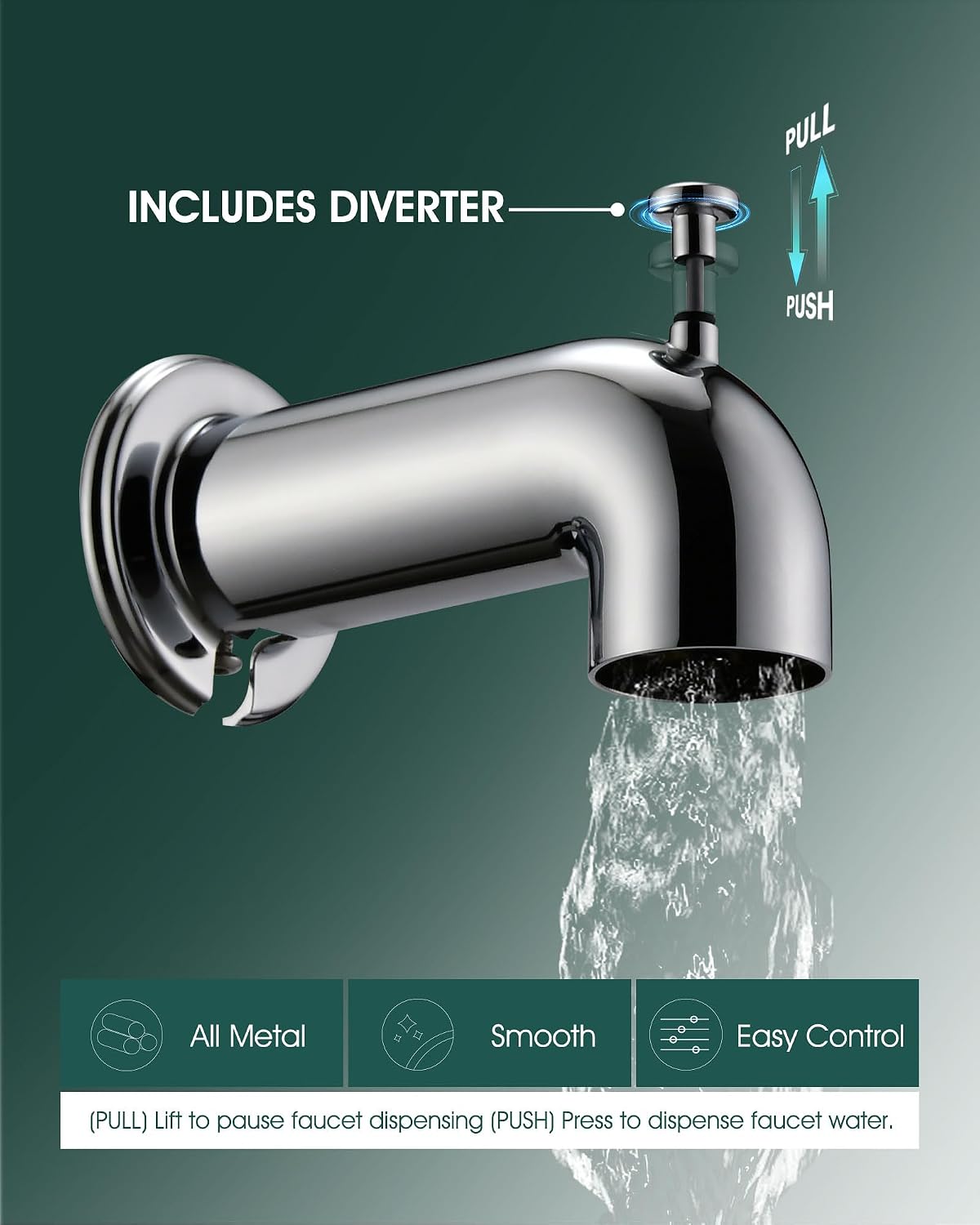 Slip-On Extra Long Tub Spout with Diverter, 1/2 Inch Slip Fit Connection,Chrome Plated