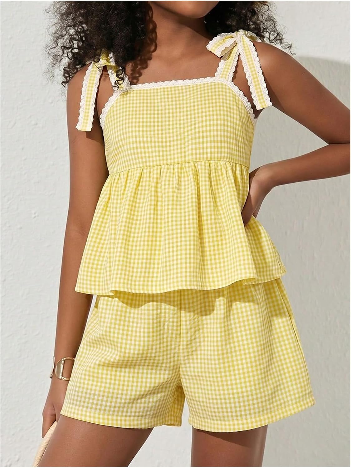 MakeMeChic Girl's 2 Piece Outfits Summer Gingham Babydoll Cami Top Set
