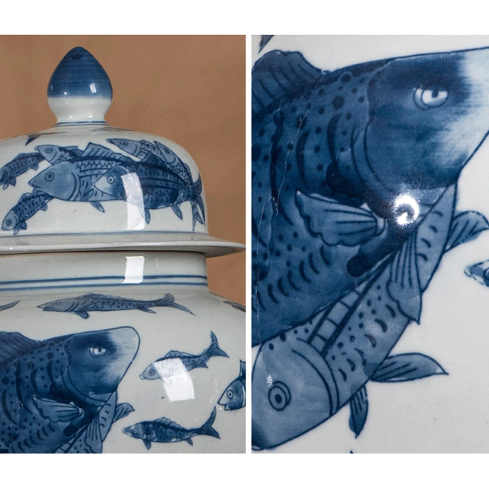 EYPKPL Tempelglas Jingdezhen-Keramikvase Blaues und weißes Porzellan-Fisch-Ingwer-Glas mit Deckel Chinesisches handbemaltes orientalisches dekoratives Glas(16.5x42.5cm)
