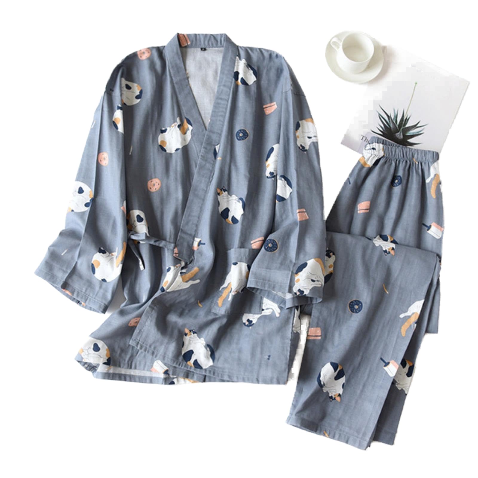 FRESQA 2PCS Japanese Lover Clothing Set Kawaii Cat Printed Kimono Yukata Steaming Wear Pajamas Man Woman Bathrobe Nightgown Japan