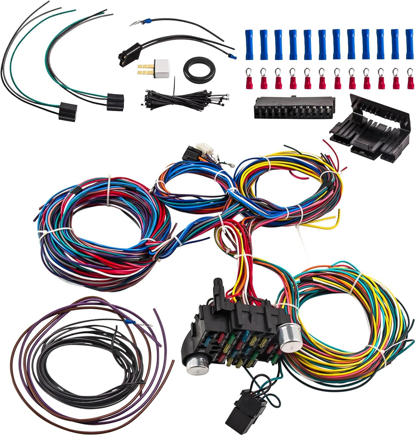 maXpeedingrods Wiring Harness kit 21 Circuit 17 Fuses kit Extra Long Universal for Chevy for Jeep for Ford for Hotrod for Chrysler Long Wires Standard Color Wiring Harness Kit