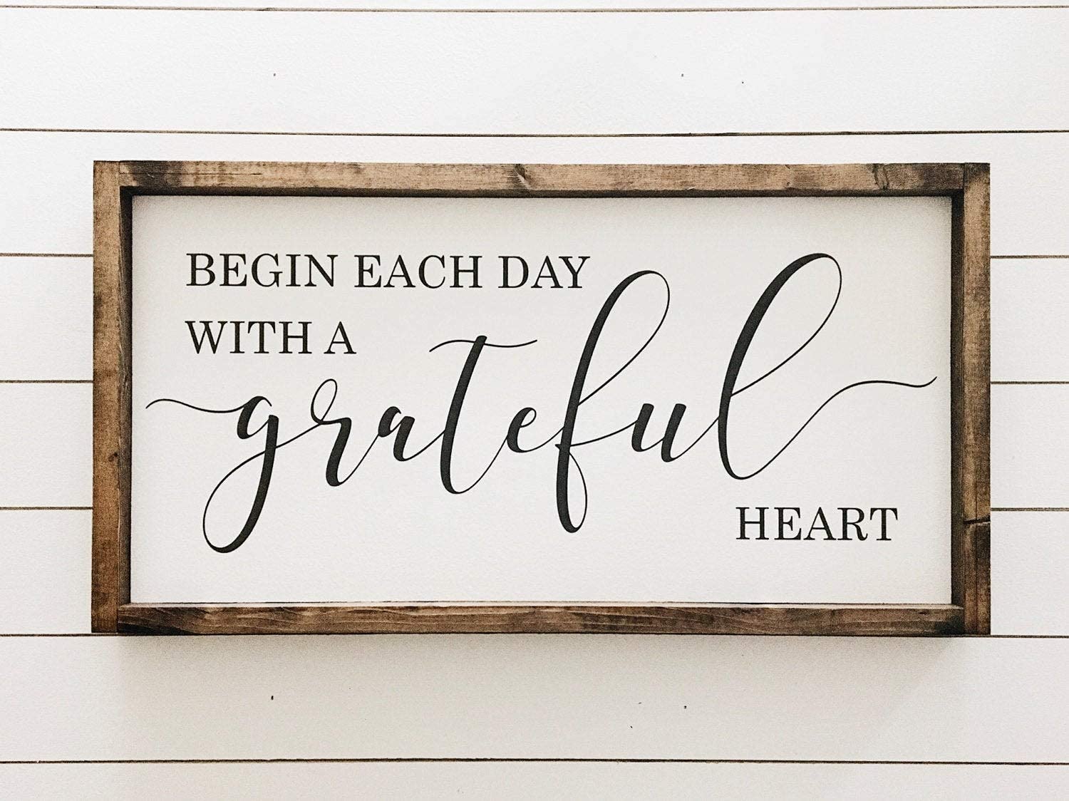 Flowershave357 Begin Each Day with a Grateful Heart Wood Sign - Farmhouse Decor, 21.65" x 4.72" Heart Shape, White Wood Art
