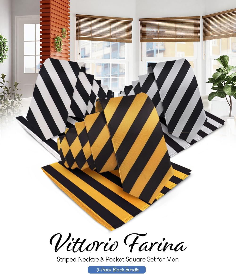 Premium Satin Striped Necktie & Pocket Square Set for Men - Matching Men's Tie Set