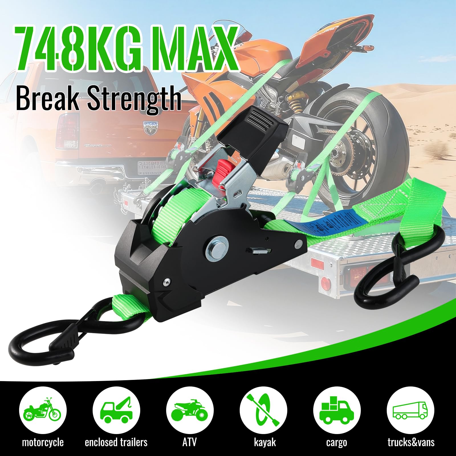 Automatik Spanngurt, 3 m x 25mm, 300 daN | 748 kg Bruchlast, 8 Stück | Selbstaufrollende Spanngurte, Ratschengurt mit S Haken, Zurrgurt für Anhänger, Motorrad, Fahrrad Mehr, Grün