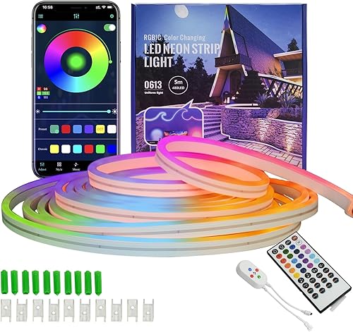 Tira de luces de neón, tira de luces LED con sincronización de música, diseño de bricolaje, impermeable IP65, temporizador, control de aplicación,