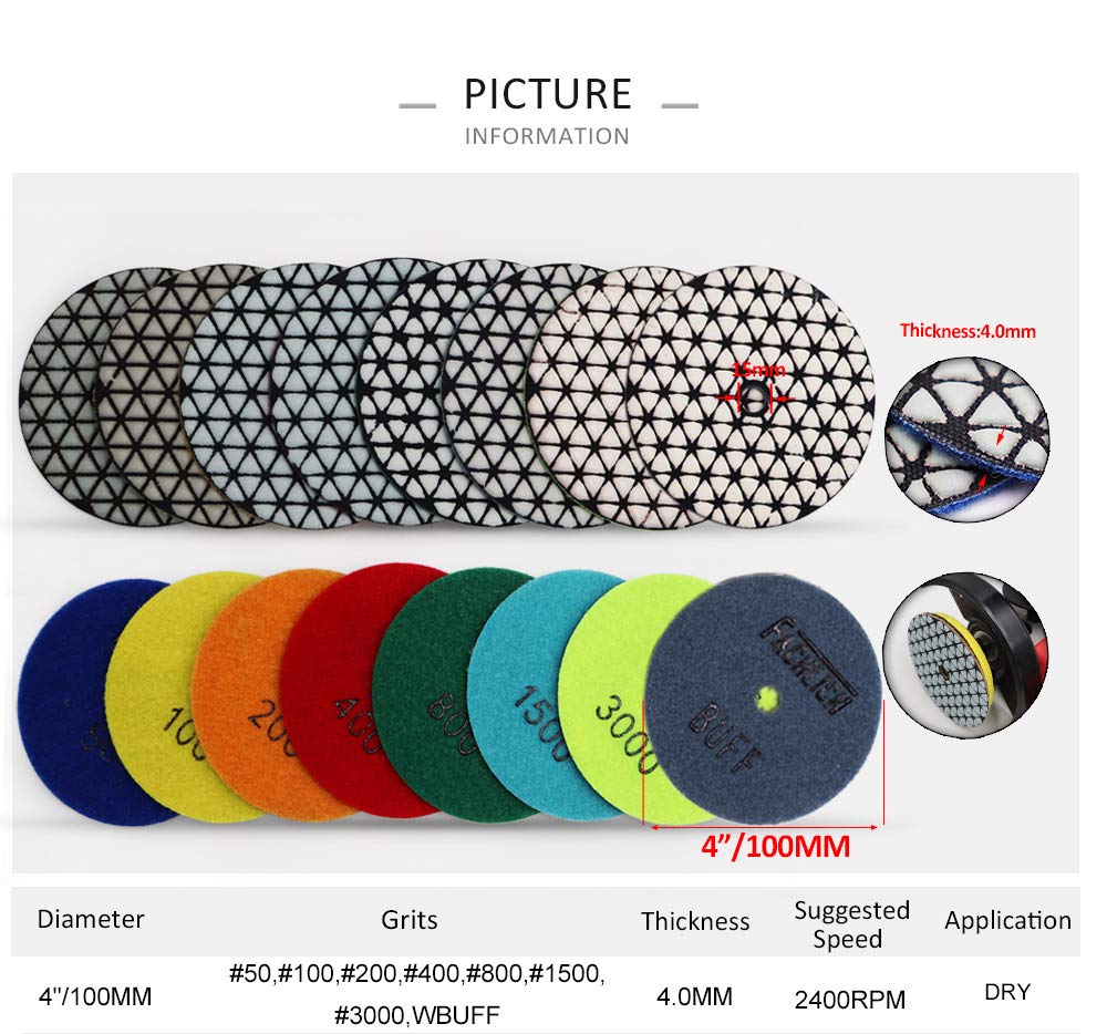 Diamond Polishing Pads 4 Inch Dry 8 Pieces Grits 200 for Granite Marble Quartz Stone Countertop Tiles by FACHLICH