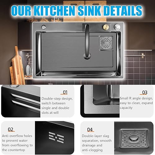 Miniatura 5 de Fregadero de cocina Flying Rain Waterfall de acero inoxidable Undermount Drop In Single Bowl con grifo extraíble, lavadora de taza presurizada