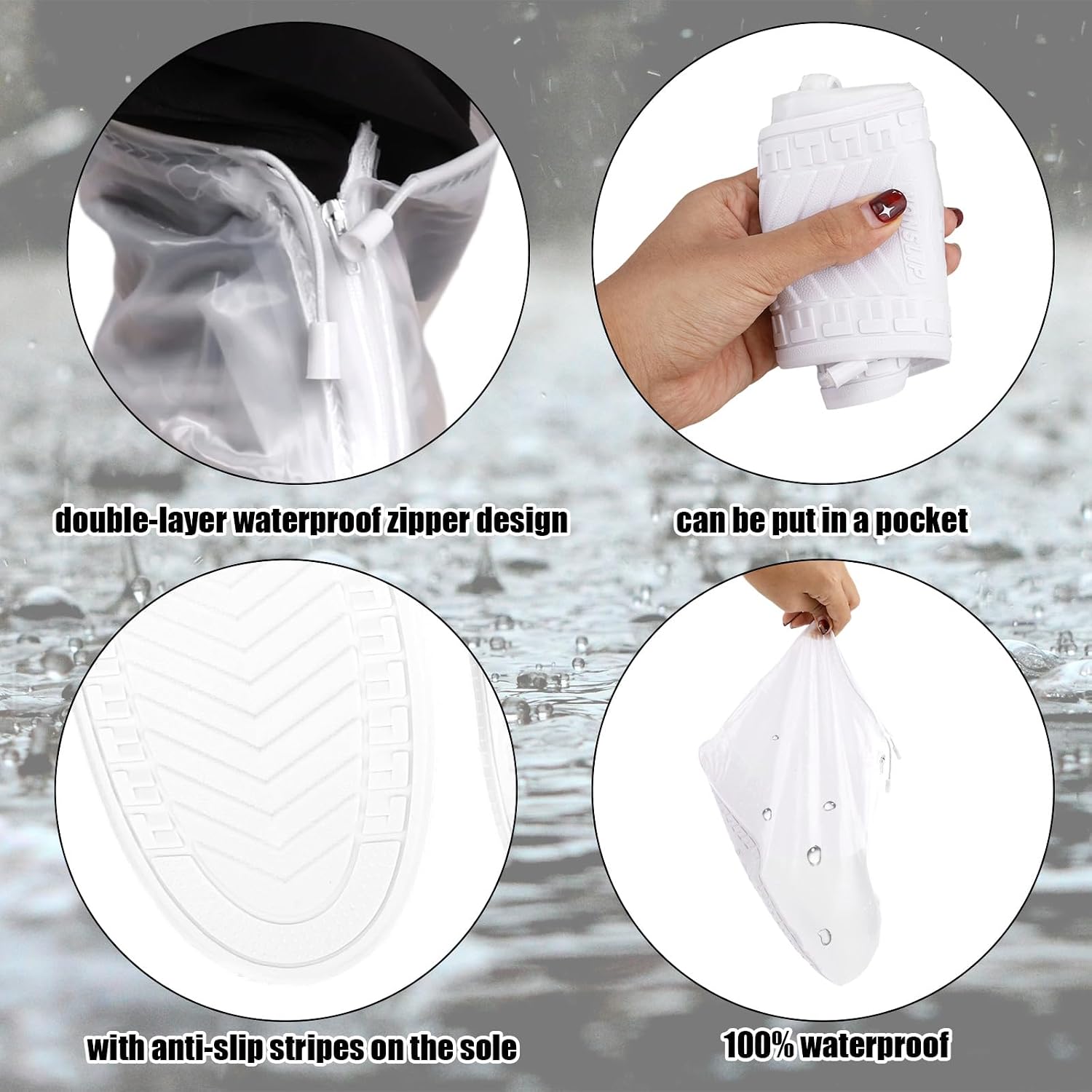 2 Pairs Waterproof Shoe Covers, Anti-Slip Double Layer Zipper Design Rain Shoe Covers Reusable Foldable for Women Men