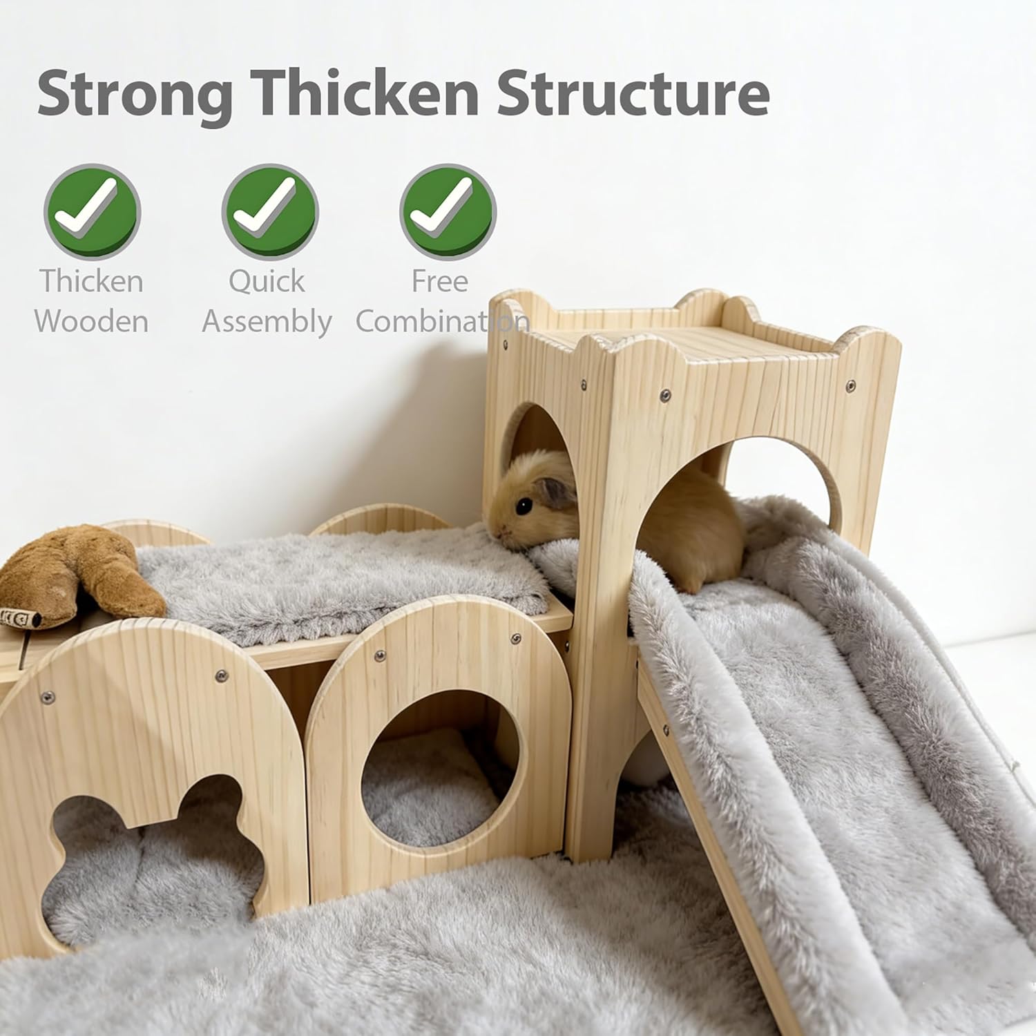 Large Rabbit Hideout Thicken Hard Wooden Bunny House Castle Climbing Tower Detachable Playhouse Ventilated Guinea Pig Wooden Hideout for Hamster Chinchilla (Set of 3)