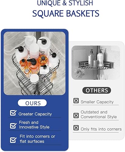 Miniatura 3 de SEIRIONE Organizador de esquina de ducha a prueba de óxido para baño, poste de tensión independiente con 4 canastas, para tina, champú, accesorios