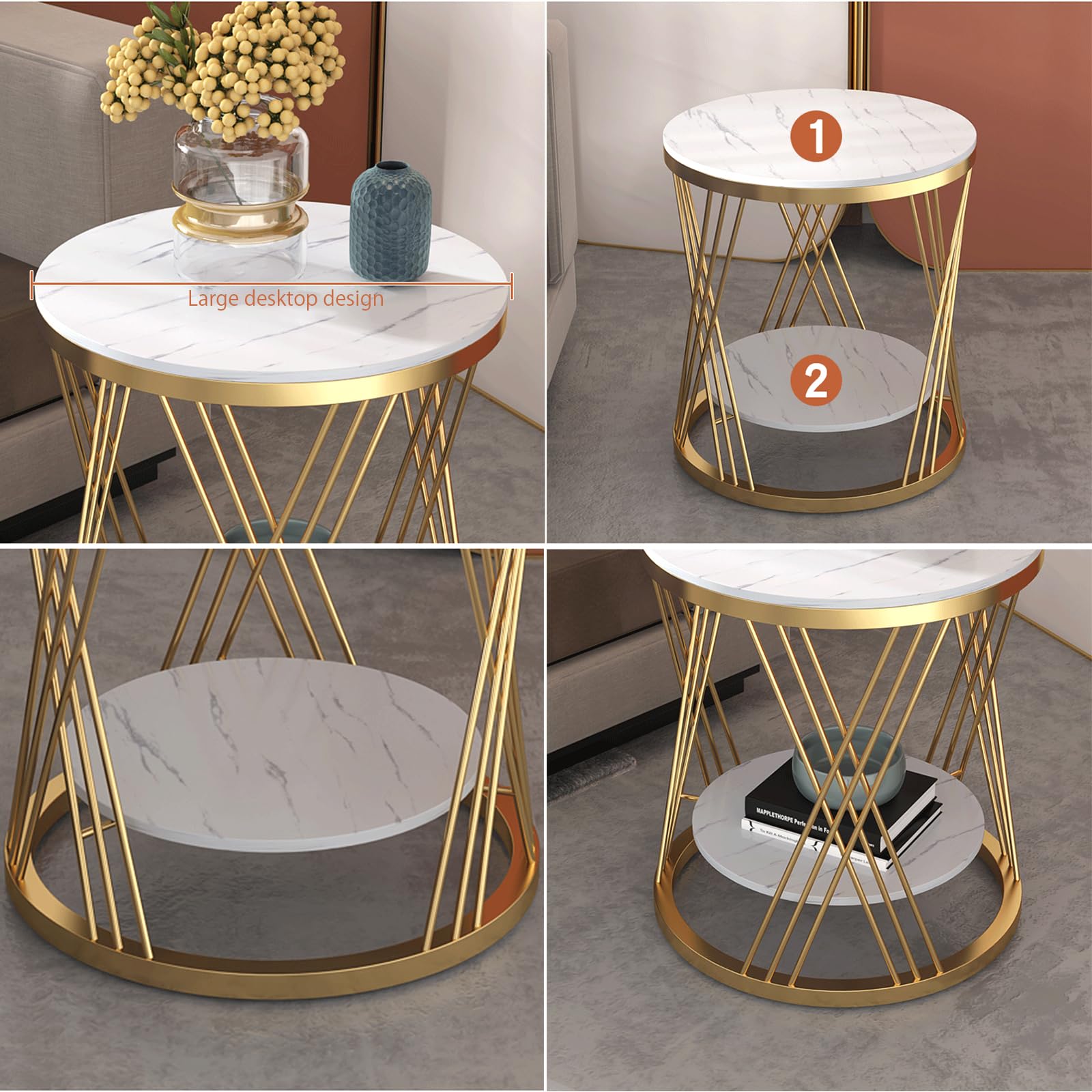 Amazon｜ラウンドサイドテーブル、2段ホワイトとゴールドエンド