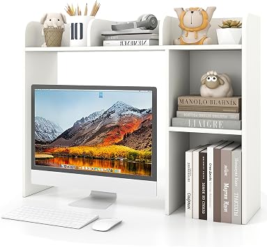 Giantex Desktop Bookshelf, Wood Desk Hutch Organizer for 27 Inch Computer Monitor, Countertop Storage Display Rack with 5 Shelves, Multipurpose Desktop Shelf Bookcase for Dorm Office Home, White