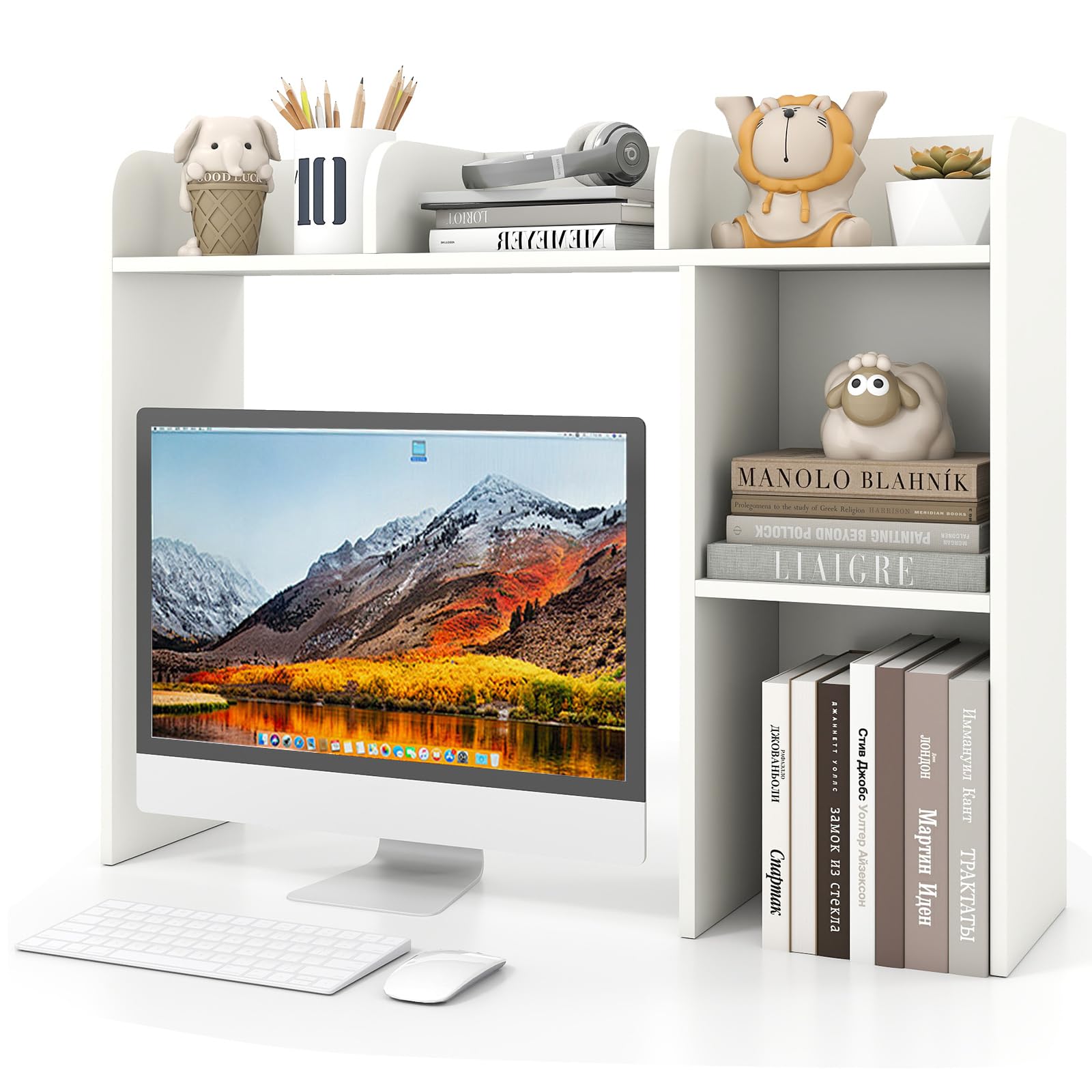 Giantex Desktop Bookshelf, Wood Desk Hutch Organizer for 27 Inch Computer Monitor, Countertop Storage Display Rack with 5 Shelves, Multipurpose