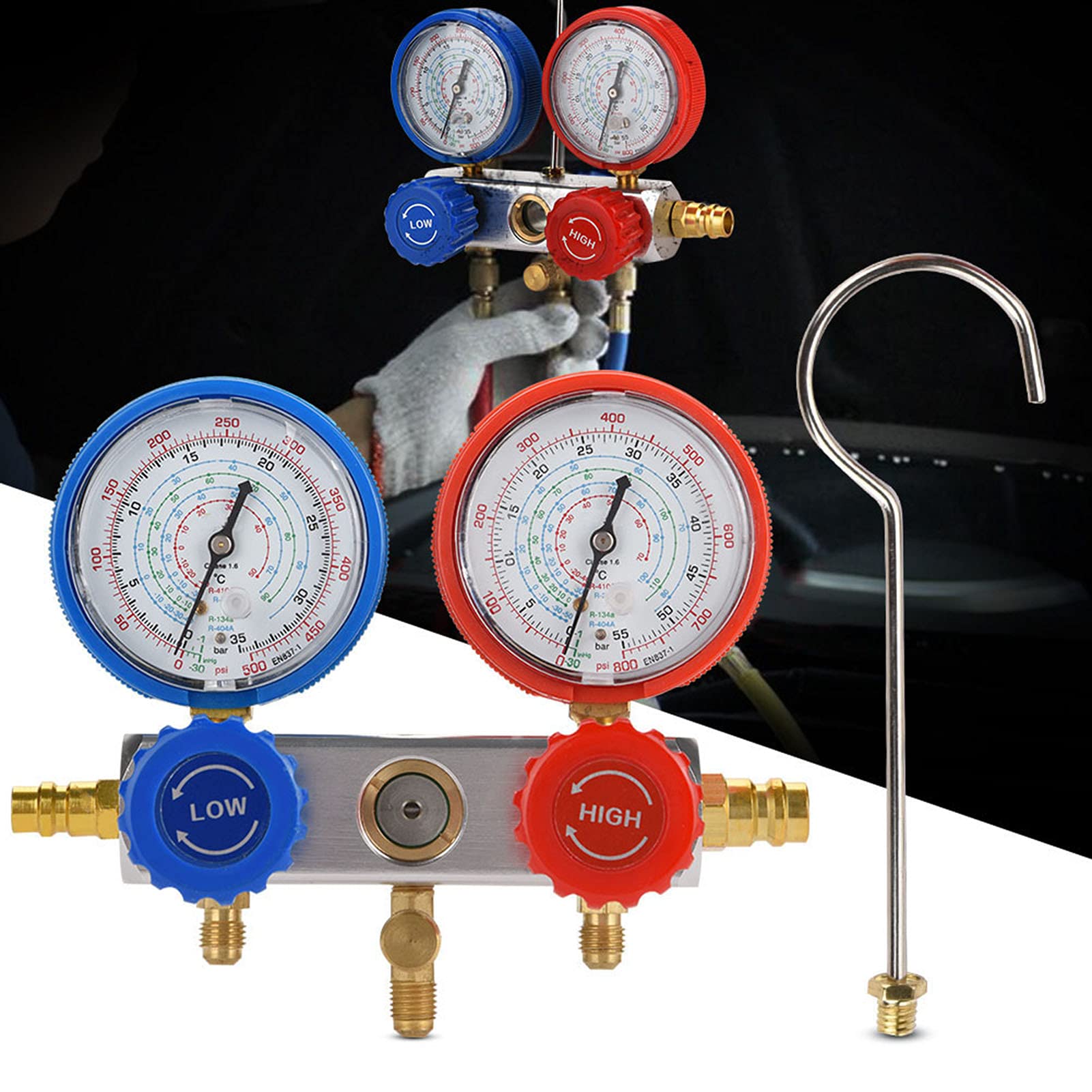 Juego de Manómetros de Colector de Aire Acondicionado con Manguera de Recarga de Refrigerante Mangueras de Goma de 0 a 500 PSI Sello de Junta Tórica para Pruebas de Diagnóstico de CA
