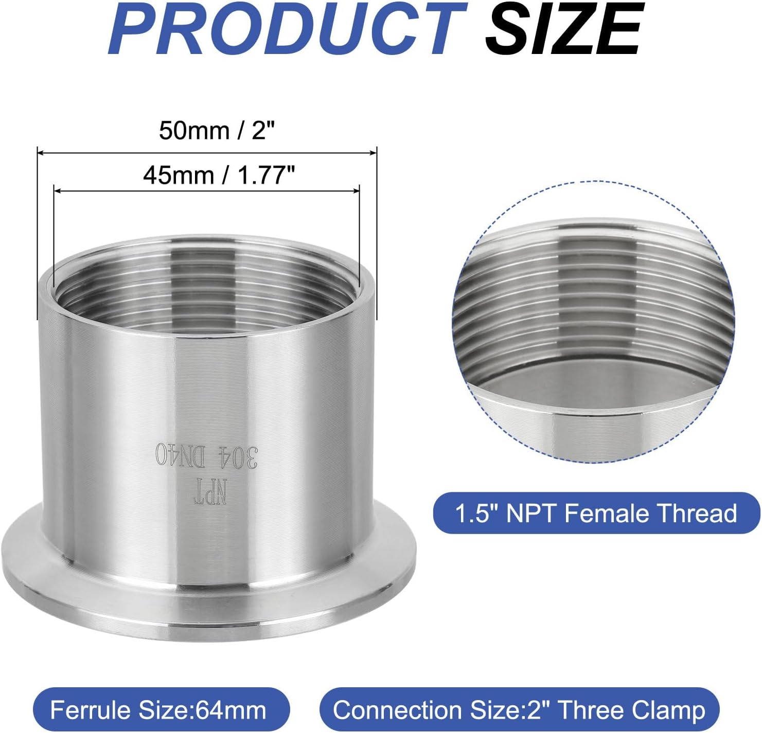 sourcing map 2set Sanitary Female Threaded Pipe Fitting 1.5" NPT Female to 2" Three Clamp Ferrule OD 64mm 304 Stainless Steel Sanitary Pipe Fittings Adapter with Silicone Gasket
