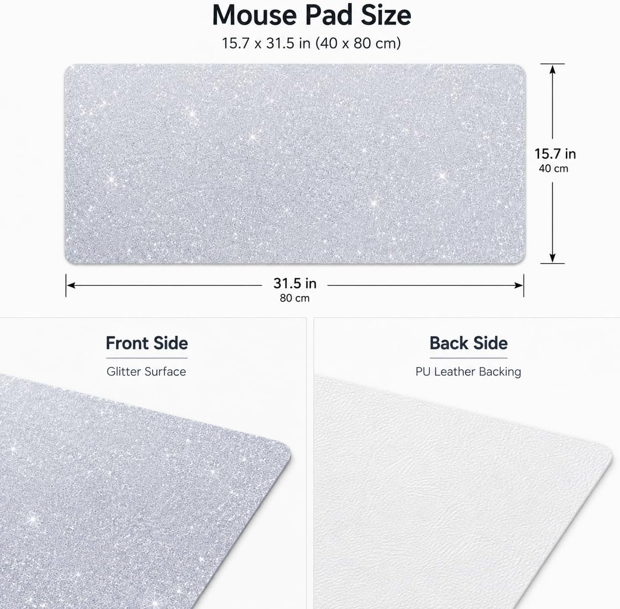 Large Silver Glitter Mouse Pad for Women - Diamond Bling Desk Accessory, Non-Slip Rubber Base, Large Gaming Mousepad for Laptop, 15.7x31.5 inch