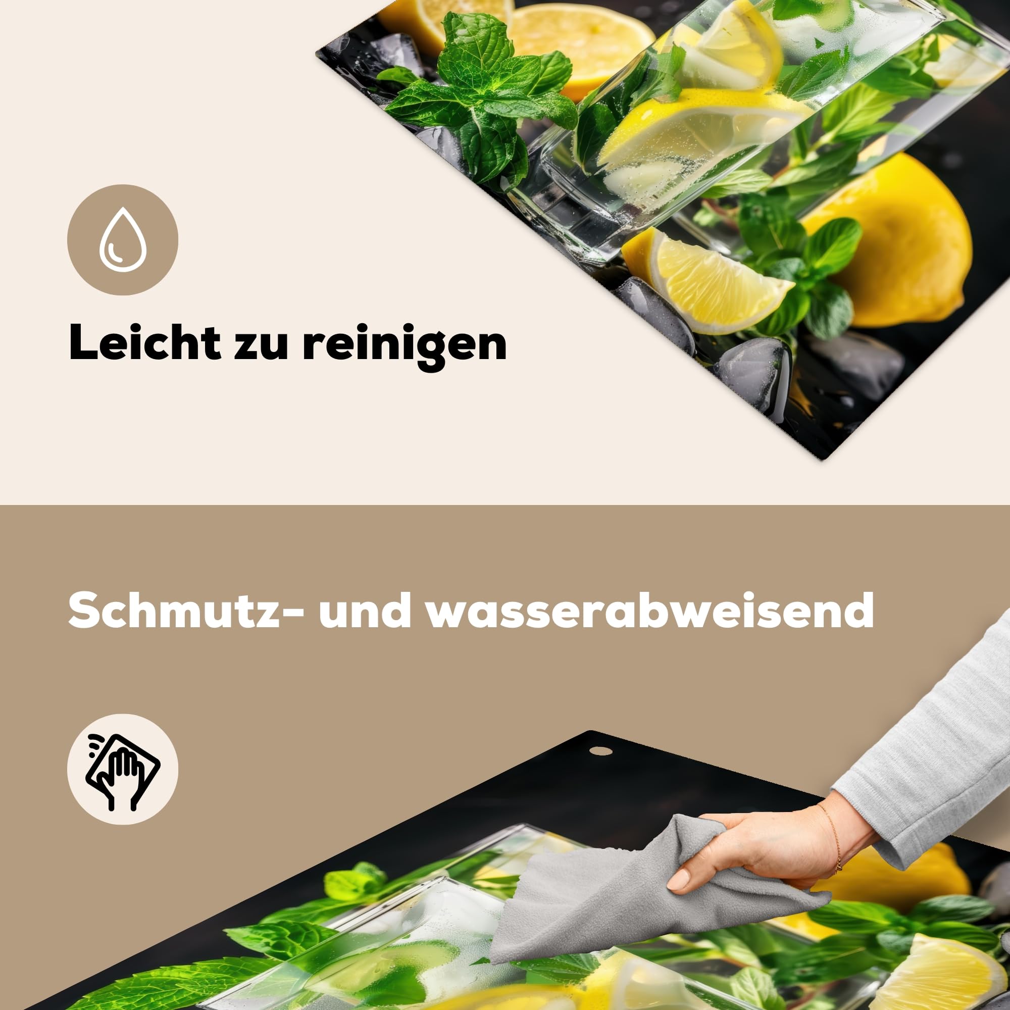 KitchenYeah© Spritzschutz Herd Küchenrückwand Vinyl 60x52 cm Küchen Zubehör Küchenwand, Herdabdeckplatten für Ceranfeld Wasser - Glas - Zitrone - Minze