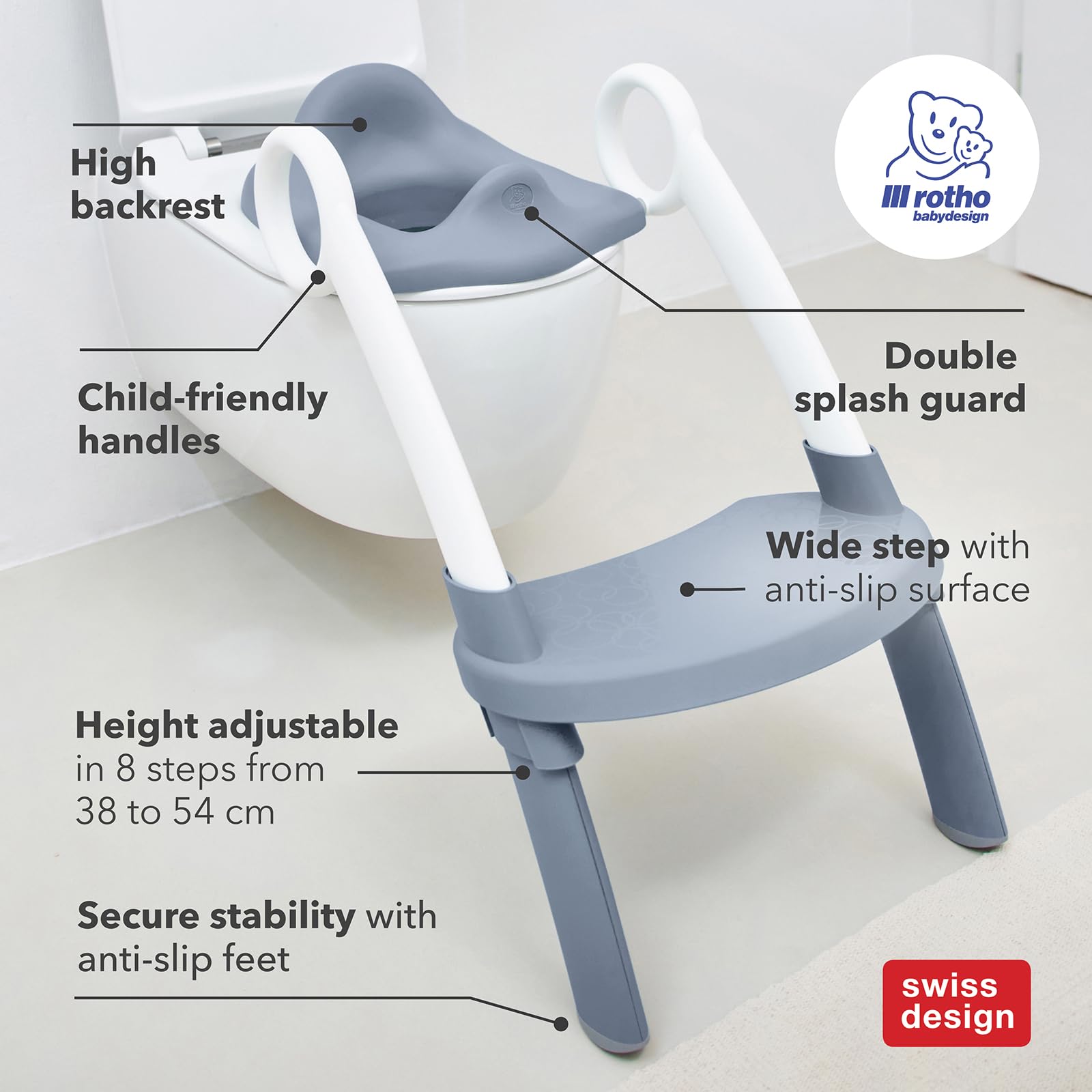 Rotho Babydesign TOP toilet trainer - sedile per wc con scaletta, antiscivolo e regolabile in altezza - vasino trainer per bambini, pieghevole, comodo e facile da pulire, blu