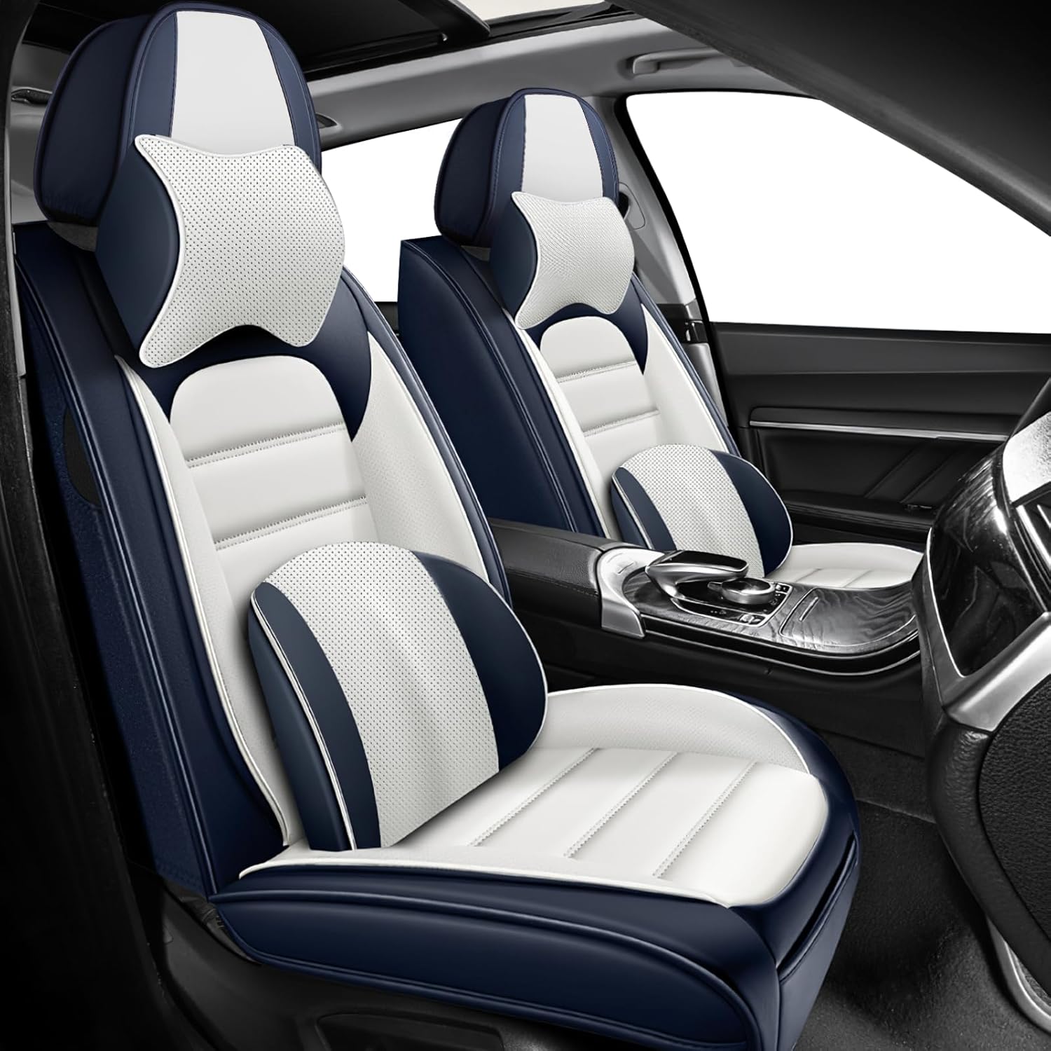 ILMO Leather Seat Covers Fit for 2007-2026 Chevy Silverado 1500, Compatible Airbag Truck Seat Protectors, Pickup Interior Covers (Blue&White, Luxury Front Set)