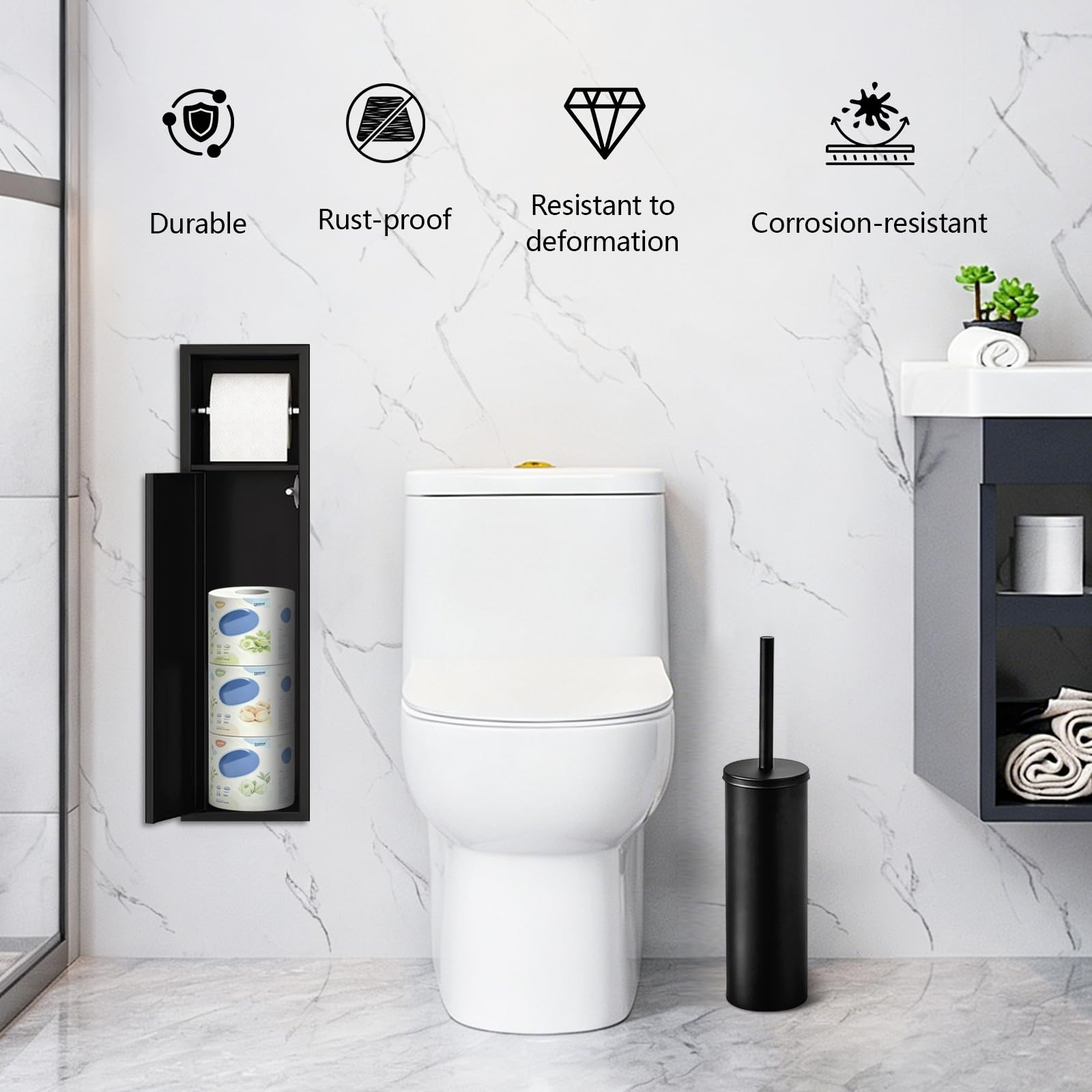 Portarrollos De Papel HigiéNico Empotrado, Unidad Almacenamiento De Papel HigiéNico De Acero Inoxidable Negro con Puerta Corredera Portarrollos con Juego De Escobilla Accesorios De BañO 66x18x15 Cm