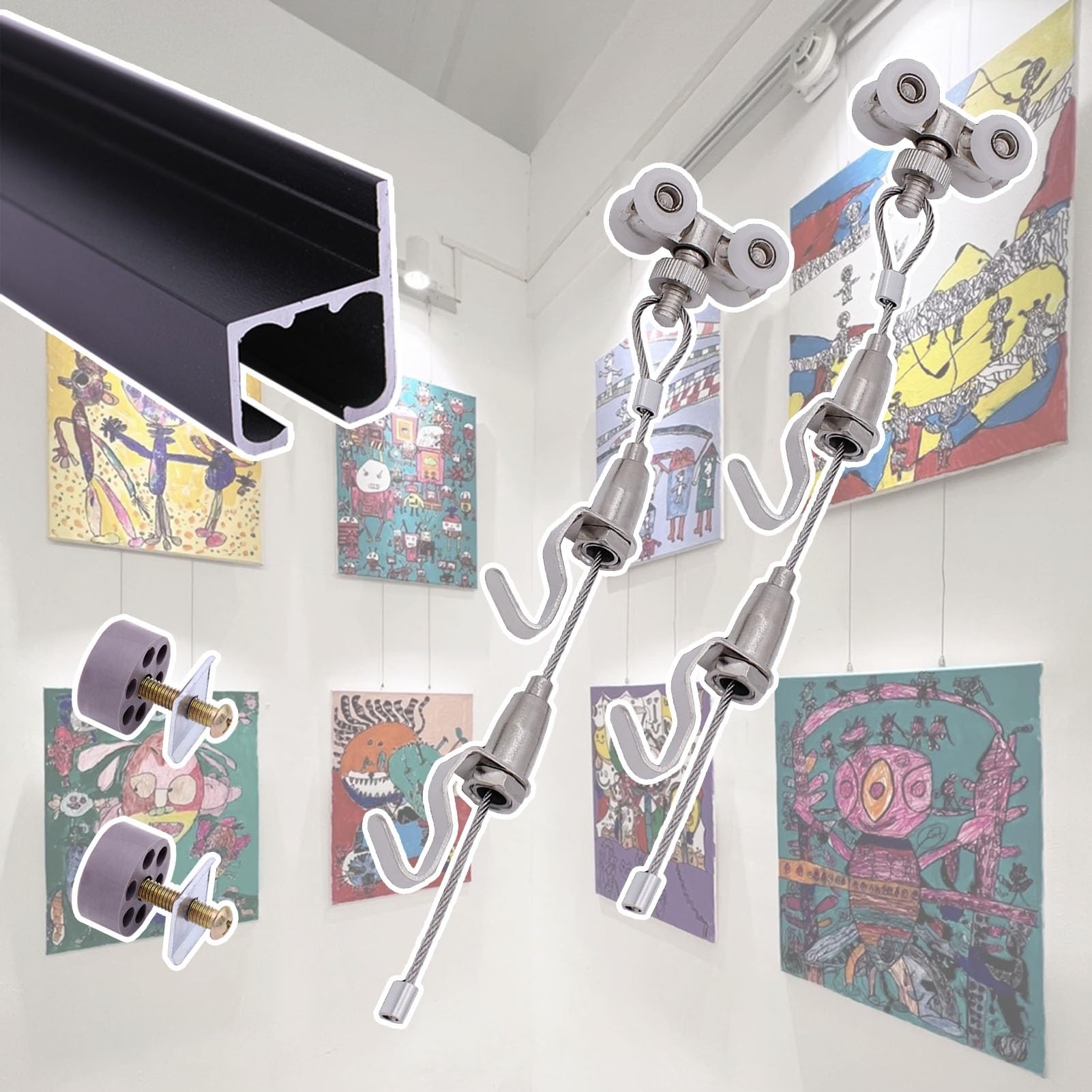 Kit de suspension murale pour photos avec poulie et câble de 1m pour ajustement précis