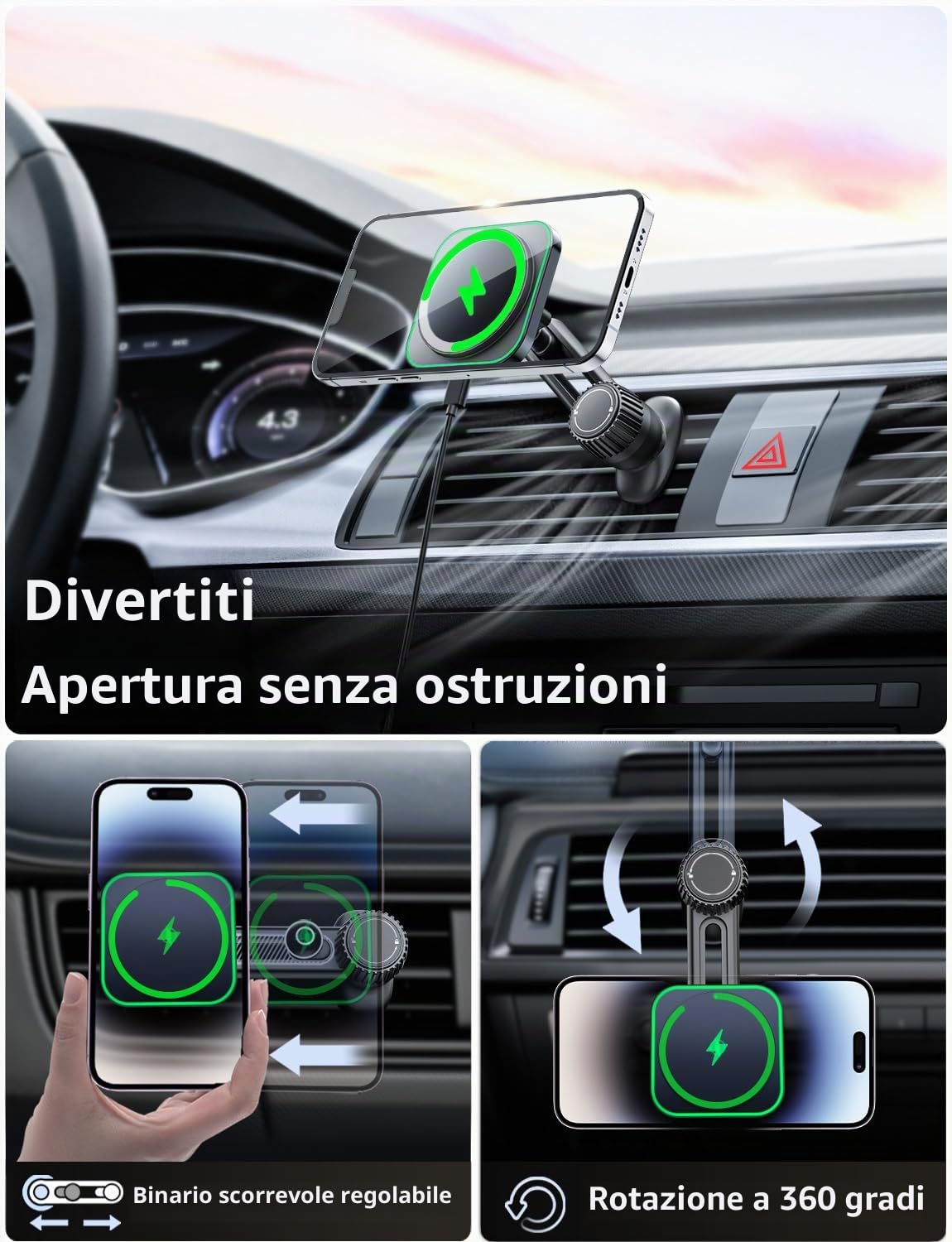 Caricatore Ricarica Wireless Auto 15W for Magsafe, Supporto Magnetico Telefono Auto Wireless，Porta Cellulare Auto Ricarica Wireless per iPhone 12/13/14/15 Pro/Max/Plus/Mini serie