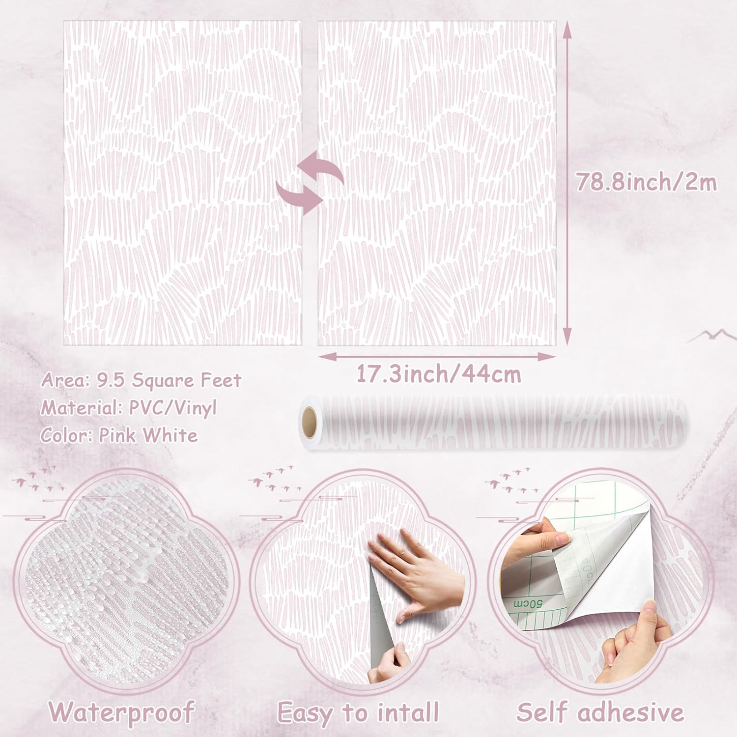 Theper Pink Striped Wallpaper Peel and Stick Wallpaper Boho 17.3"×78.8" Simple Modern Removable Self Adhesive Wall Paper for Bedroom Cabinets Waterproof White and Pink Contact Paper Vinyl Roll