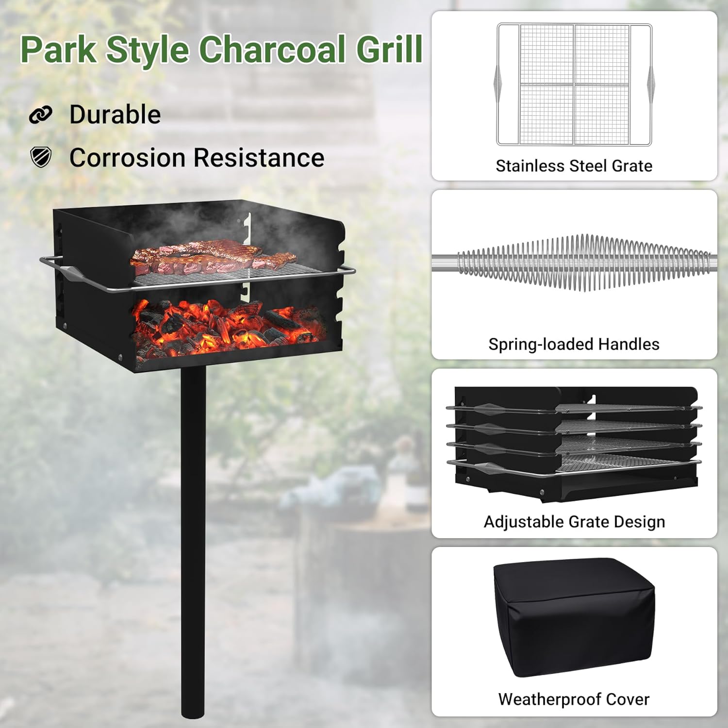 Park Style Charcoal Grill, Heavy Duty In Ground Park Grill with Stainless Steel Cooking Grate and Cover for Commercial and Outdoor Cooking 16'' L x 16'' W x 8'' H