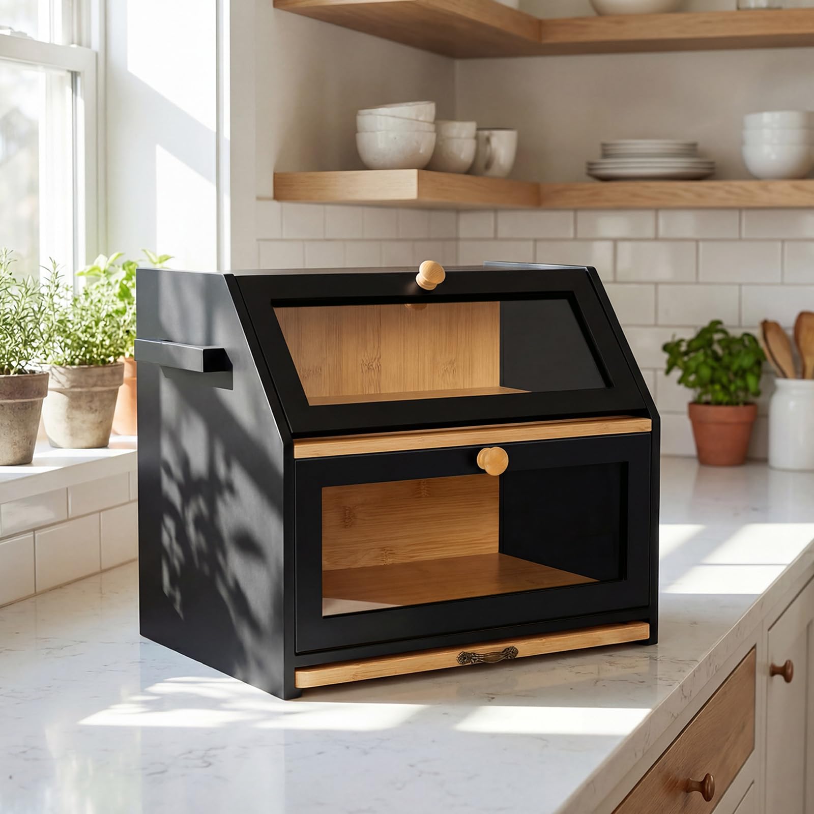 OHMG Boîte à Pain Bambou 2- Couche Countertop Boîte à Pain en Bois de Bambou pour Cuisine, Huche à pain,Nature,pour le stockage du pain,26 * 39 * 32.5cm