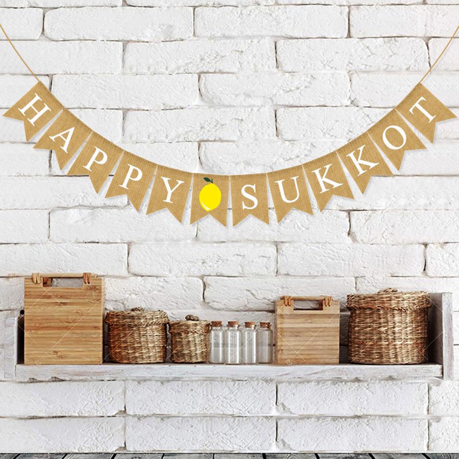 LOONELO Happy Sukkot Hanging Banner, Burlap Sukkah Etrog