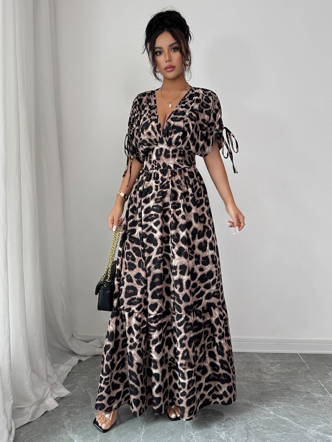 OYOANGLE Women's Summer Casual Bohemian Leopard Print Short Sleeve V Neck Cheetah Long Maxi Dress - Image 4