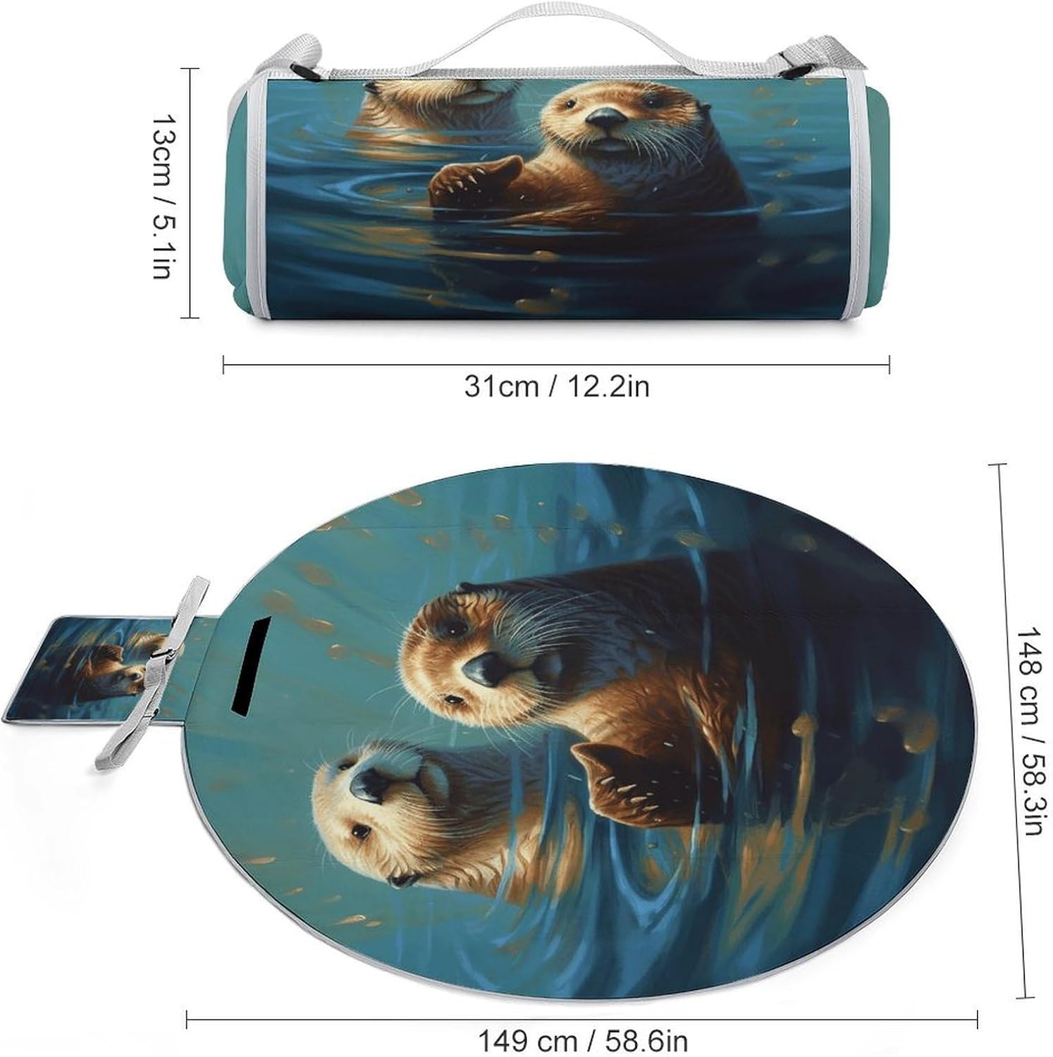 Sea Otters Painting Picnic Blanket Foldable Outdoor Round Blankets Lightweight Beach Mats Portable Waterproof Park Sand Free Mat for Camping Hiking Sports Activities