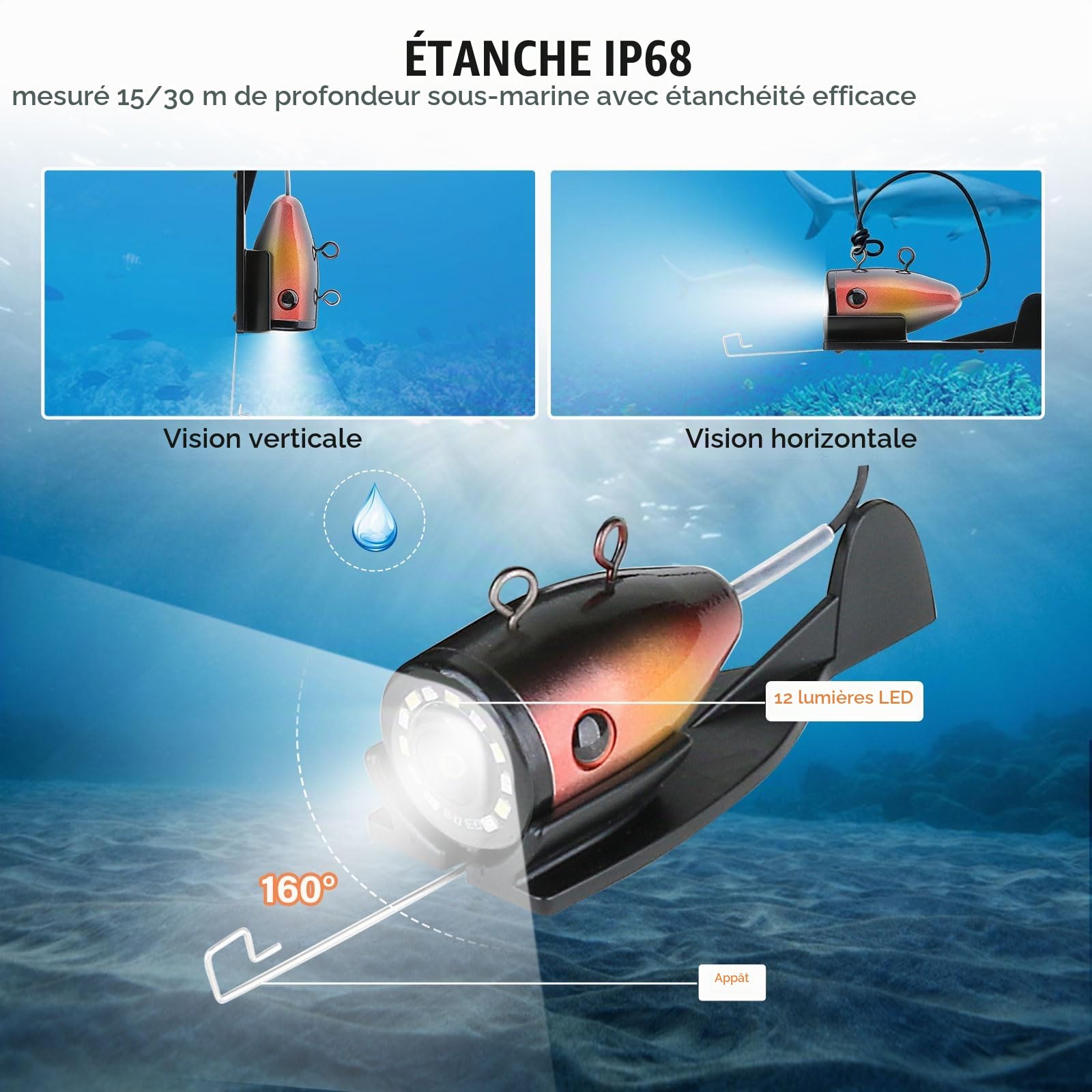 Portable Caméra de Pêche, 5" Camera sous Marine Peche Étanche 12pcs LED 1000TVL HD Fish Finder pour la pêche sur Glace, lac et Bateau