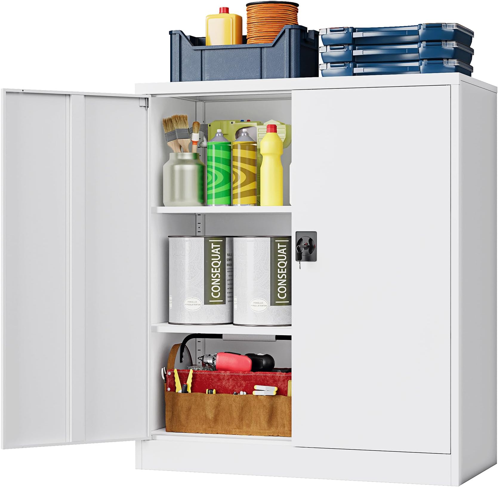 Metal Storage Cabinet，Garage Storage Cabinet with 2 Lockable Doors and 2 Adjustable Shelves, 36'' Steel Tool Cabinet for Garage, Office, Home, School(White)