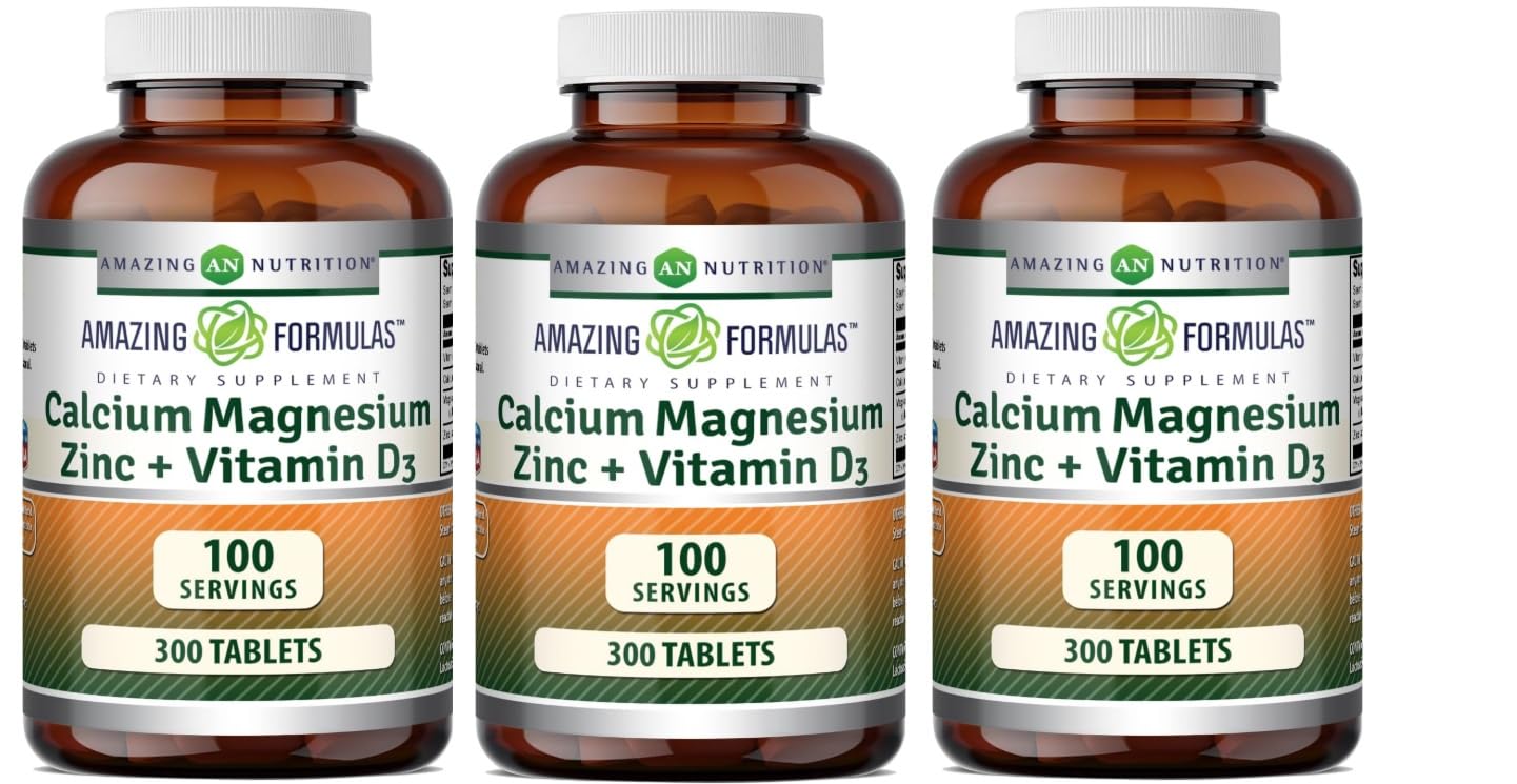 Amazing Formulas Calcium Magnesium Zinc with Vitamin D3 Supplement | Non-GMO | Gluten Free | Made in USA (300 Count | 3 Pack) Unflavored - 300 Count | 3 Pack