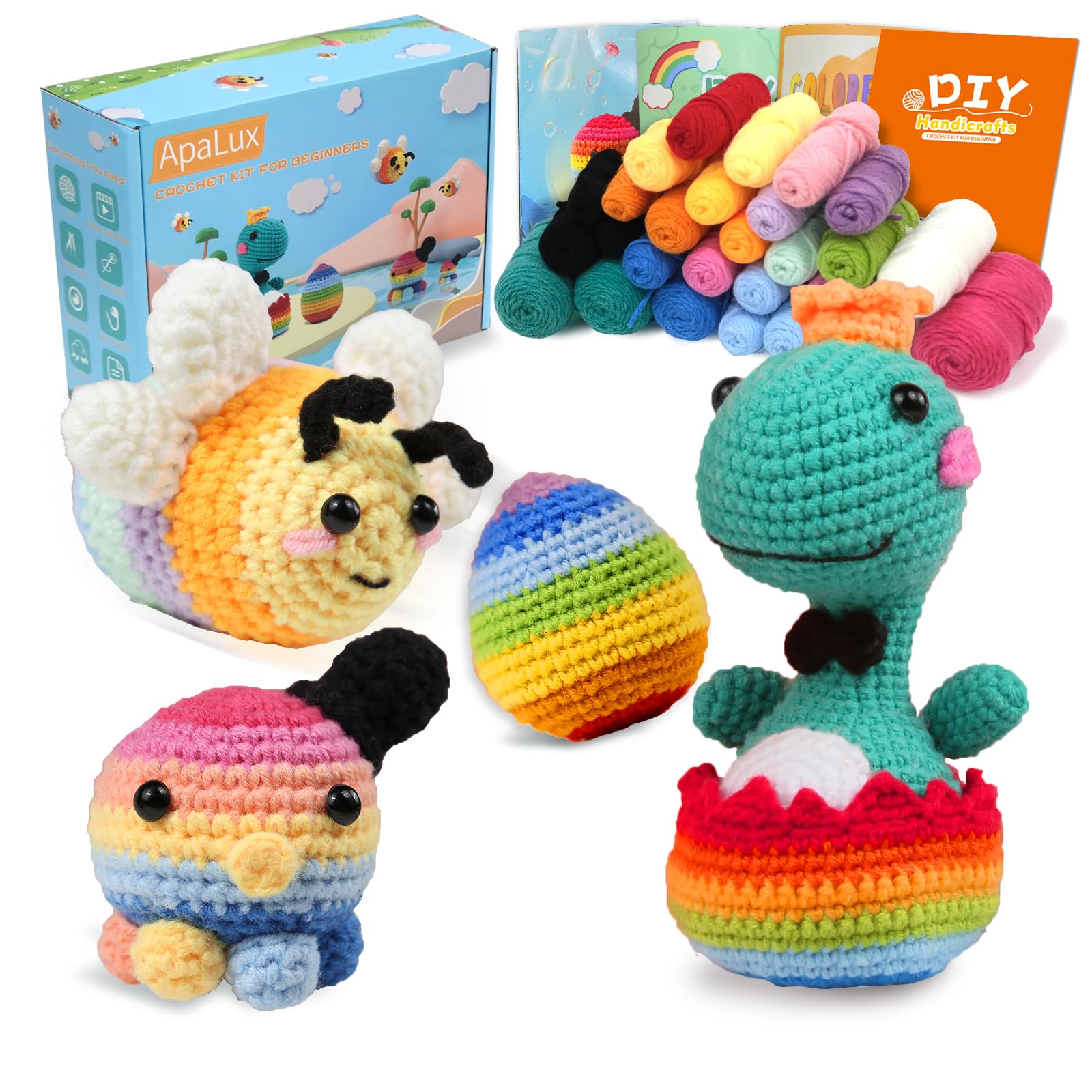 ApaLux Crochet Kit for Beginners Kids Adults, 4 Different Beginner Crochet Animal Kit, Crochet Kits for Starters with Step-by-Step Video Tutorials and Anyting You Need, Gift for Kids Women Men