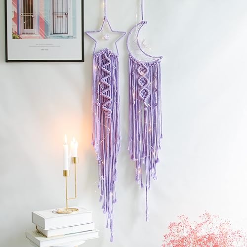 Styleonme Pedimentos de pared de macramé de Star Moon, tapices hechos a mano, decoración bohemia, decoración de habitación de adolescentes,
