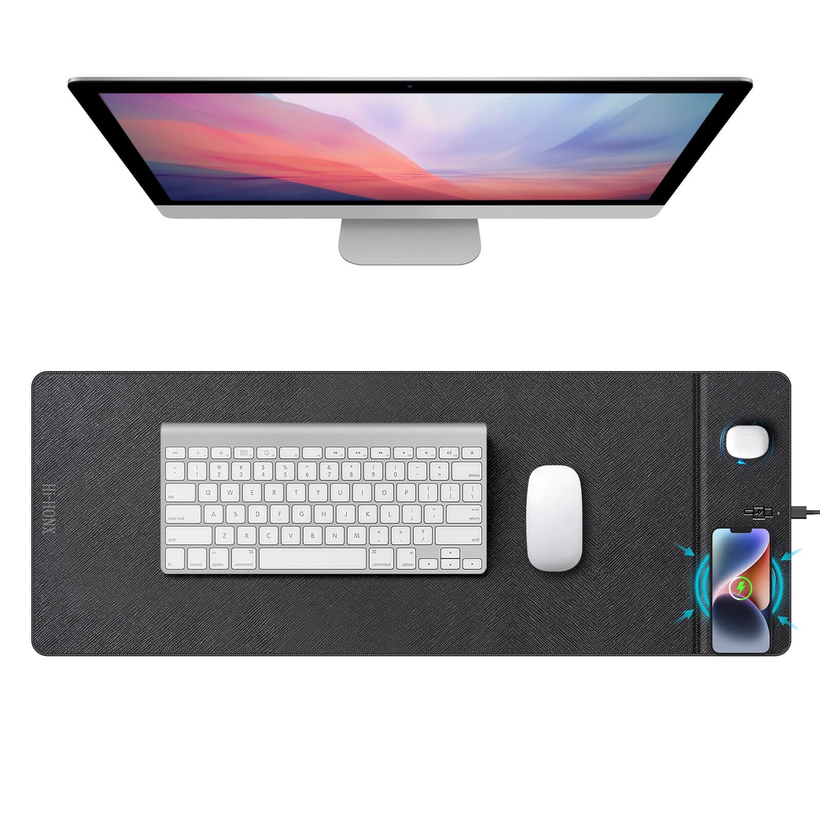 Wireless Charging Mouse Pad, 31.5"x11.7" XXL Large Office Desk Pad with Ultra-Smooth Surface,Non-Slip Base, Classic Black Waterproof Computer Desk Mat for MacBook, PC, Laptop, Christmas