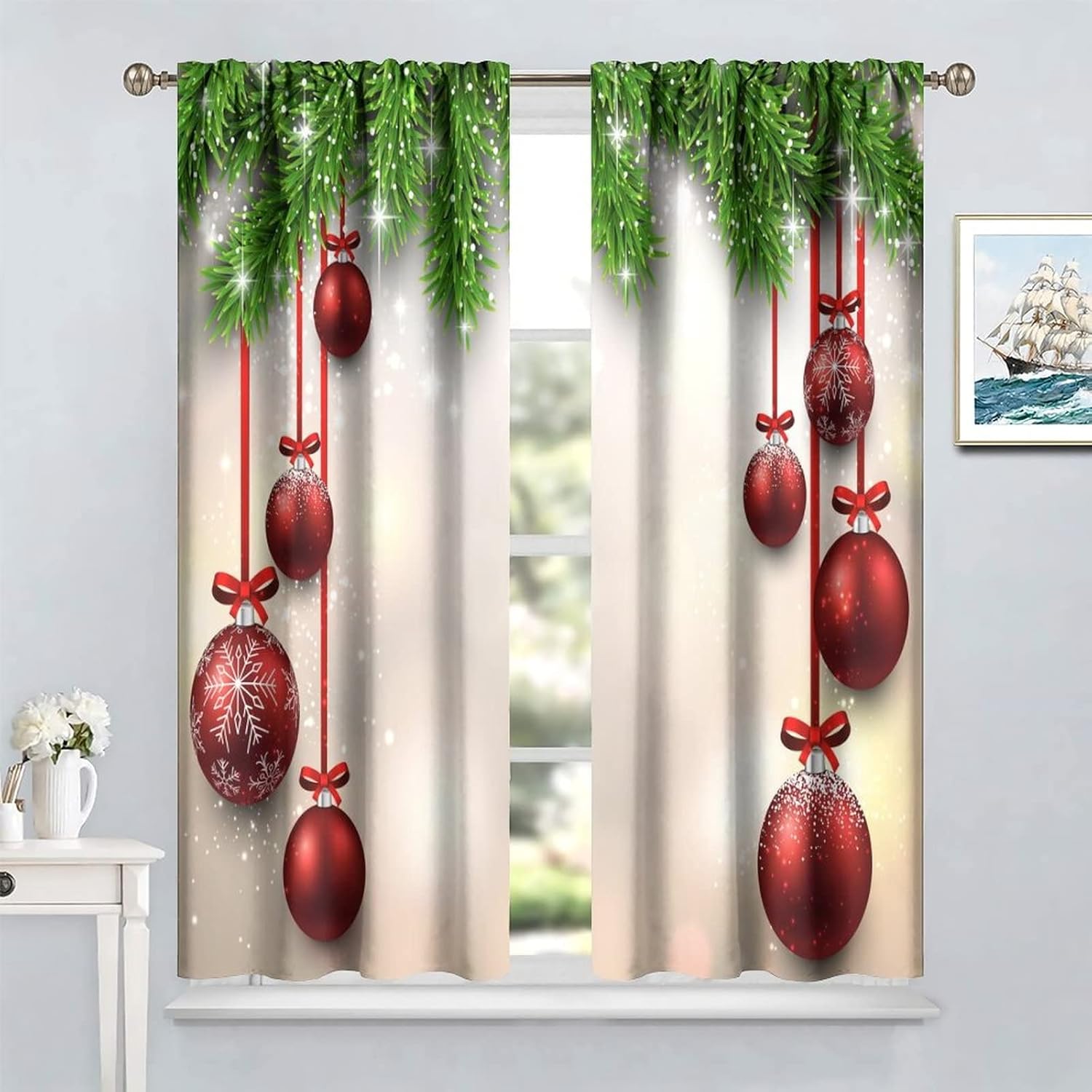 Retro Christmas Curtains Blackout Rod Pocket Snowflake Floral Pine Tree Xmas Kitchen Bedroom Living Room Art Printed Window Drapes 2 Panel 42x54in
