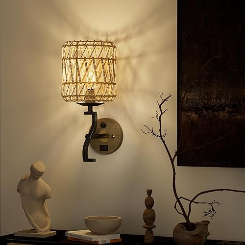 Miniatura 8 de N11-1 Lámpara de pared de ratán bohemio con enchufe regulable con control táctil, lámpara de pared de ratán rústico con puertos de carga USB-A y