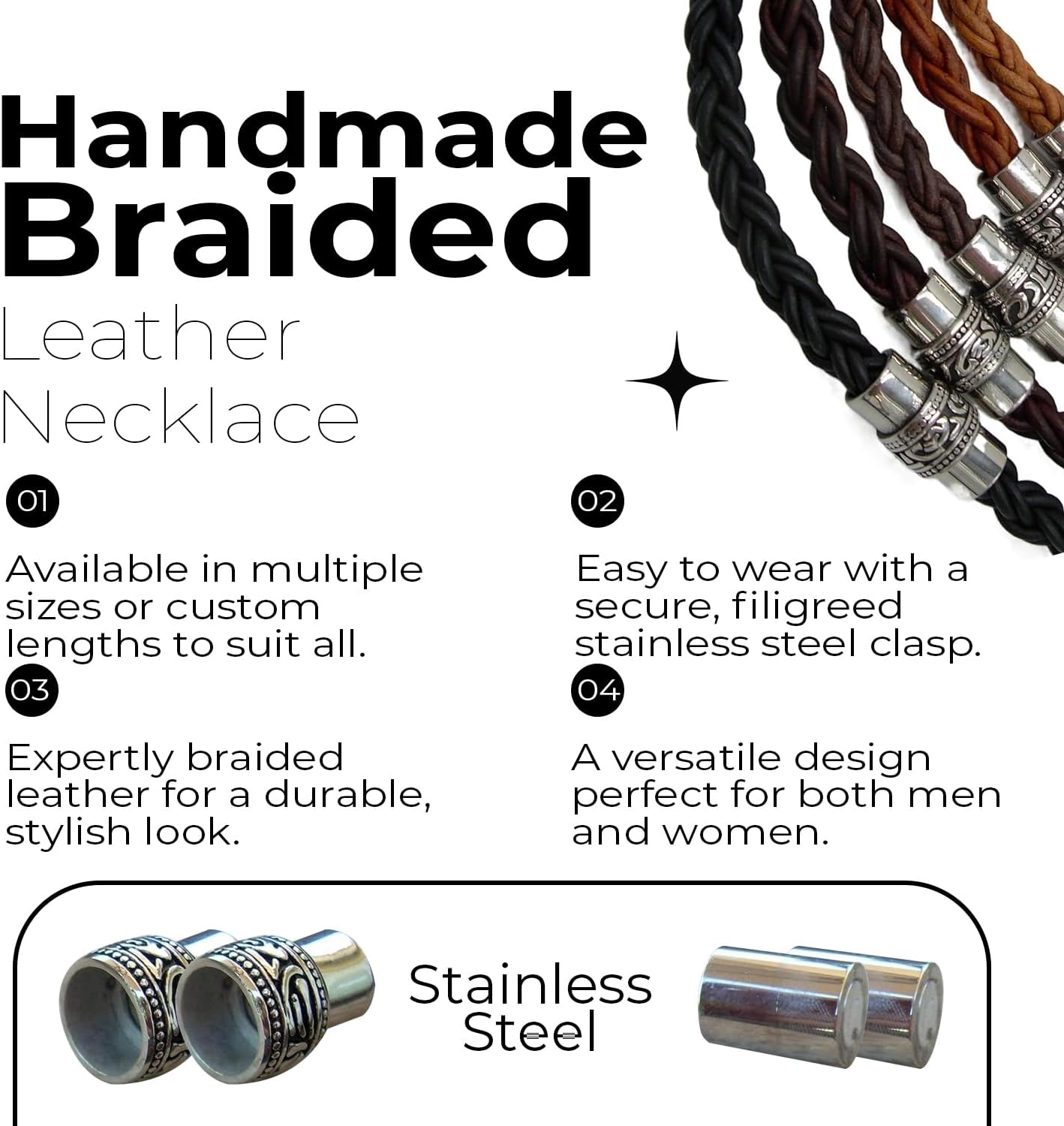 Handmade Thick Leather Cord Chain - Leather Necklace with Filigreed Stainless Steel Magnetic Clasp for Extended Durability - 16,18,20,22 inch or Custom