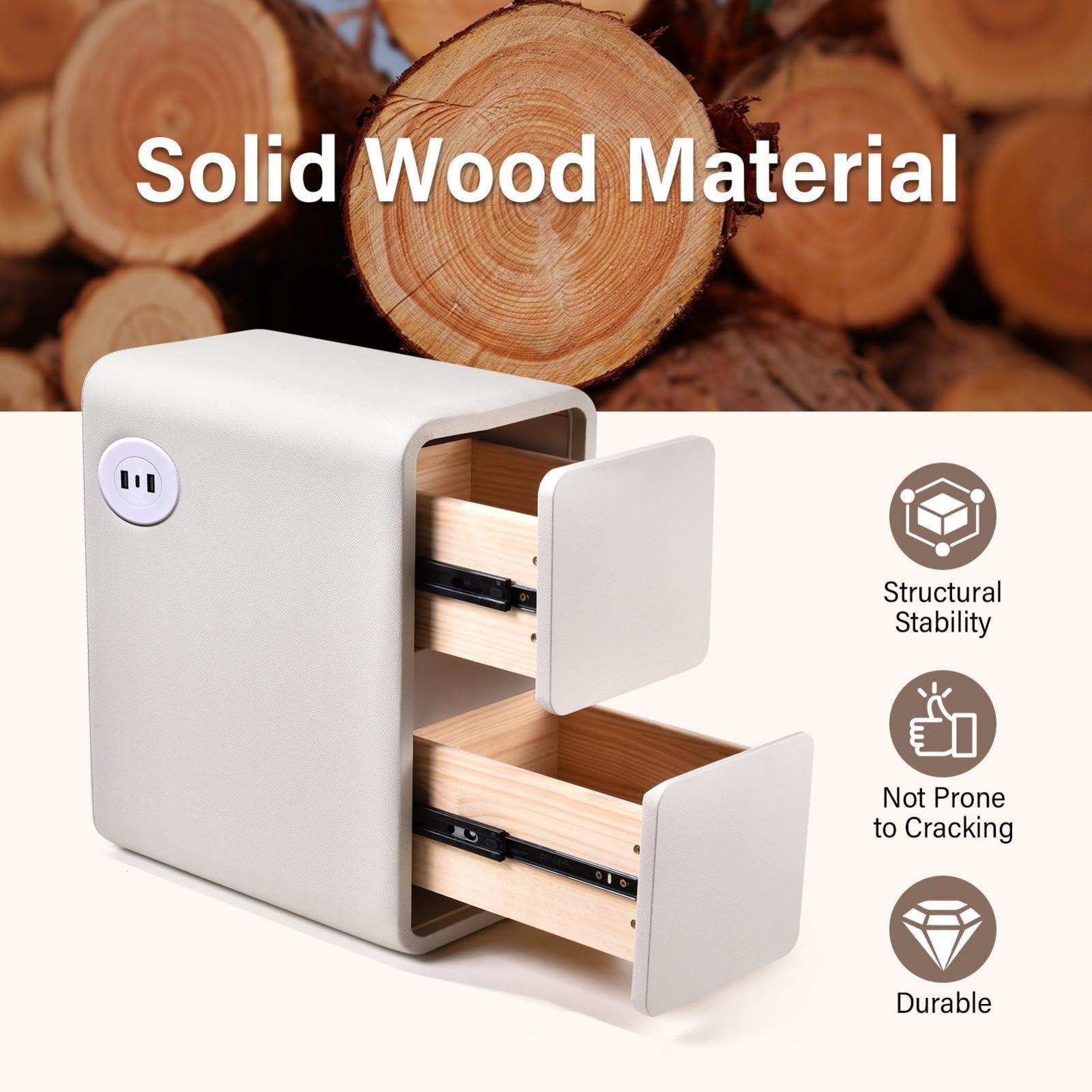 Generisch Nachttisch schmal - Beistelltisch mit 2 Schubladen, Nachttisch Holz mit 2 Ladestation, Fertig Montiert, Kunstleder, Ideal für Schlafzimmer, Wohnzimmer, Wohnheim oder Flur, 20 cm Breit(weiß)