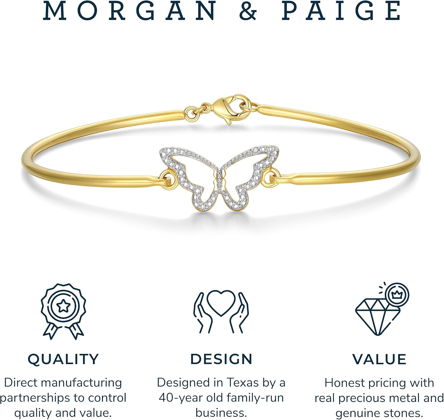 MORGAN & PAIGE Bronze 18K Yellow, 14K Rose Gold or Rhodium Plated Diamond Accent Two-Tone Bangle Bracelets for Women - Open Bangle Bracelets for Women, Hypoallergenic Elegant Jewelry, 7.25 inches
