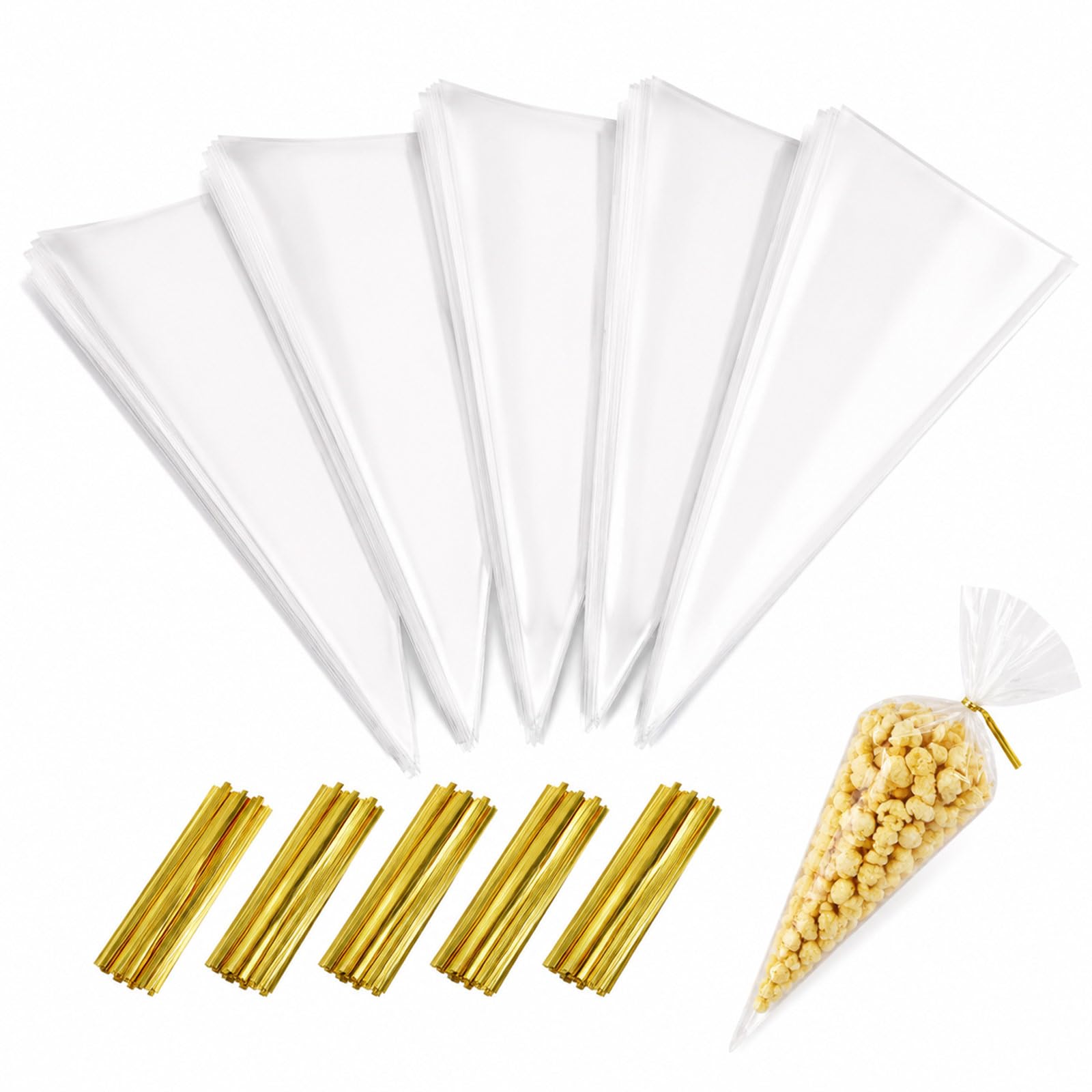 50 Pack Ready to Pop Popcorn Cone Bags Favours with Gold Ties
